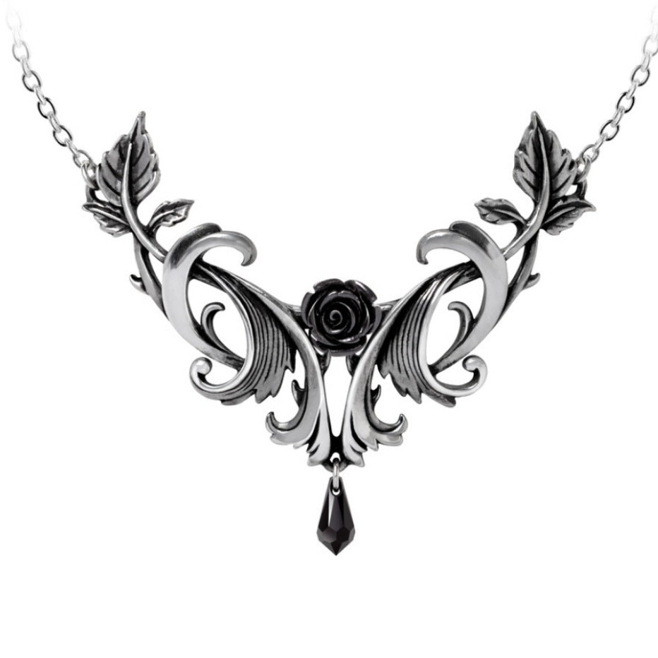 Baroque Rose Pendant | Antiqued Pewter Austrian Crystal - Alchemy Gothic - Necklaces