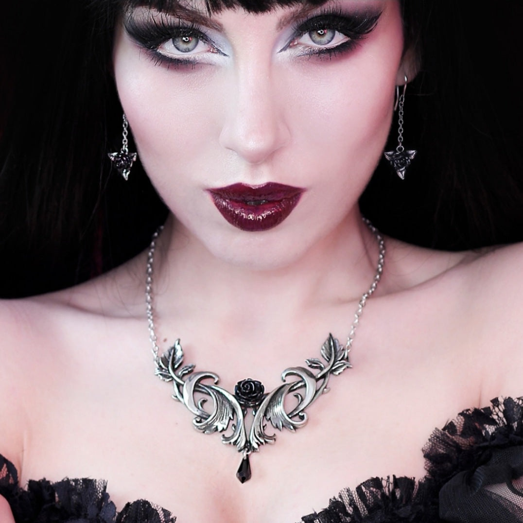 Baroque Rose Pendant | Antiqued Pewter Austrian Crystal - Alchemy Gothic - Necklaces