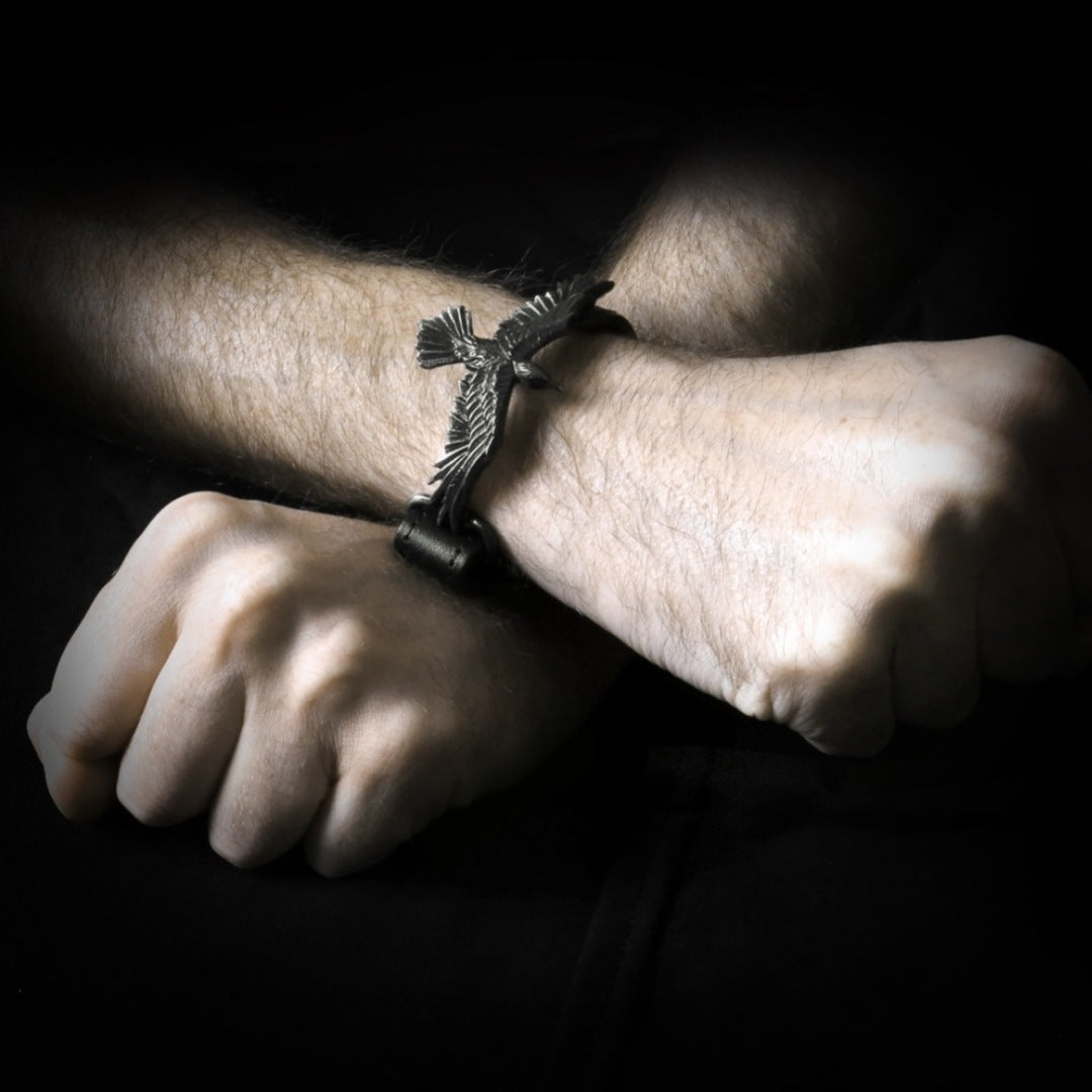 Men's Black Consort Wriststrap | Majestic Raven Fine English Pewter and Leather - Alchemy Gothic - Bracelets