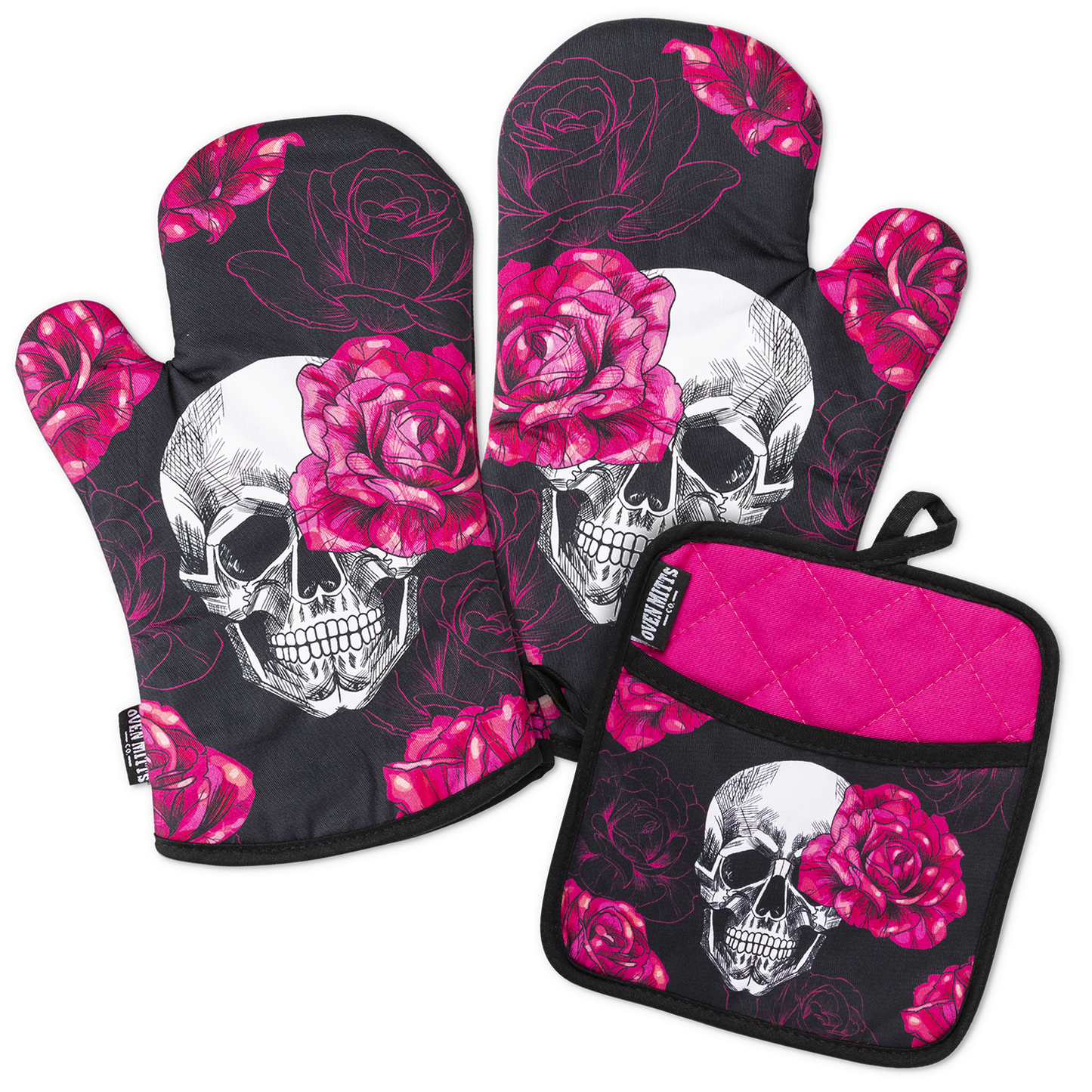 Pink Skull Rose Oven Mitts And Potholder Set -  - Oven Mitts