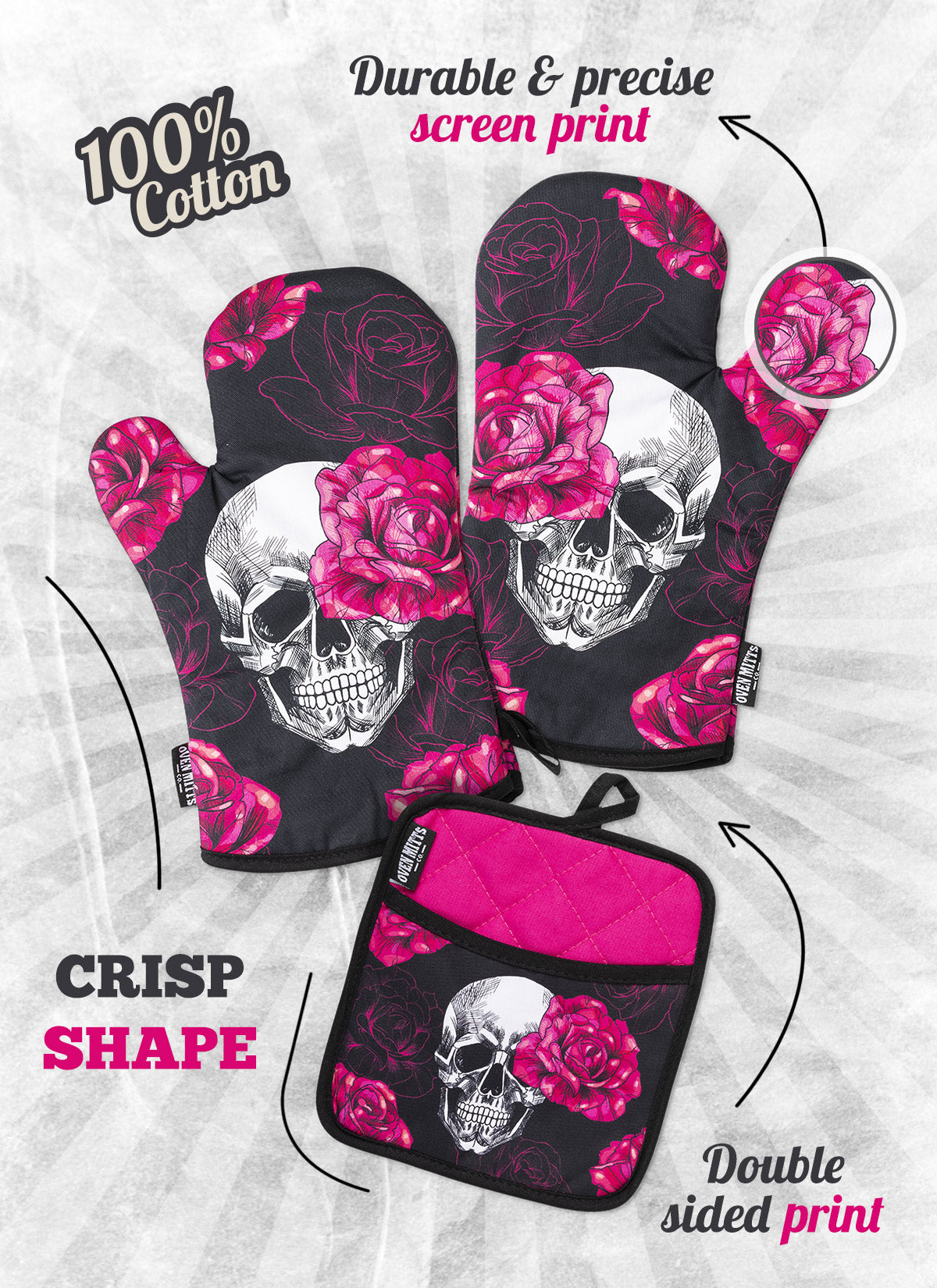 Pink Skull Rose Oven Mitts And Potholder Set -  - Oven Mitts