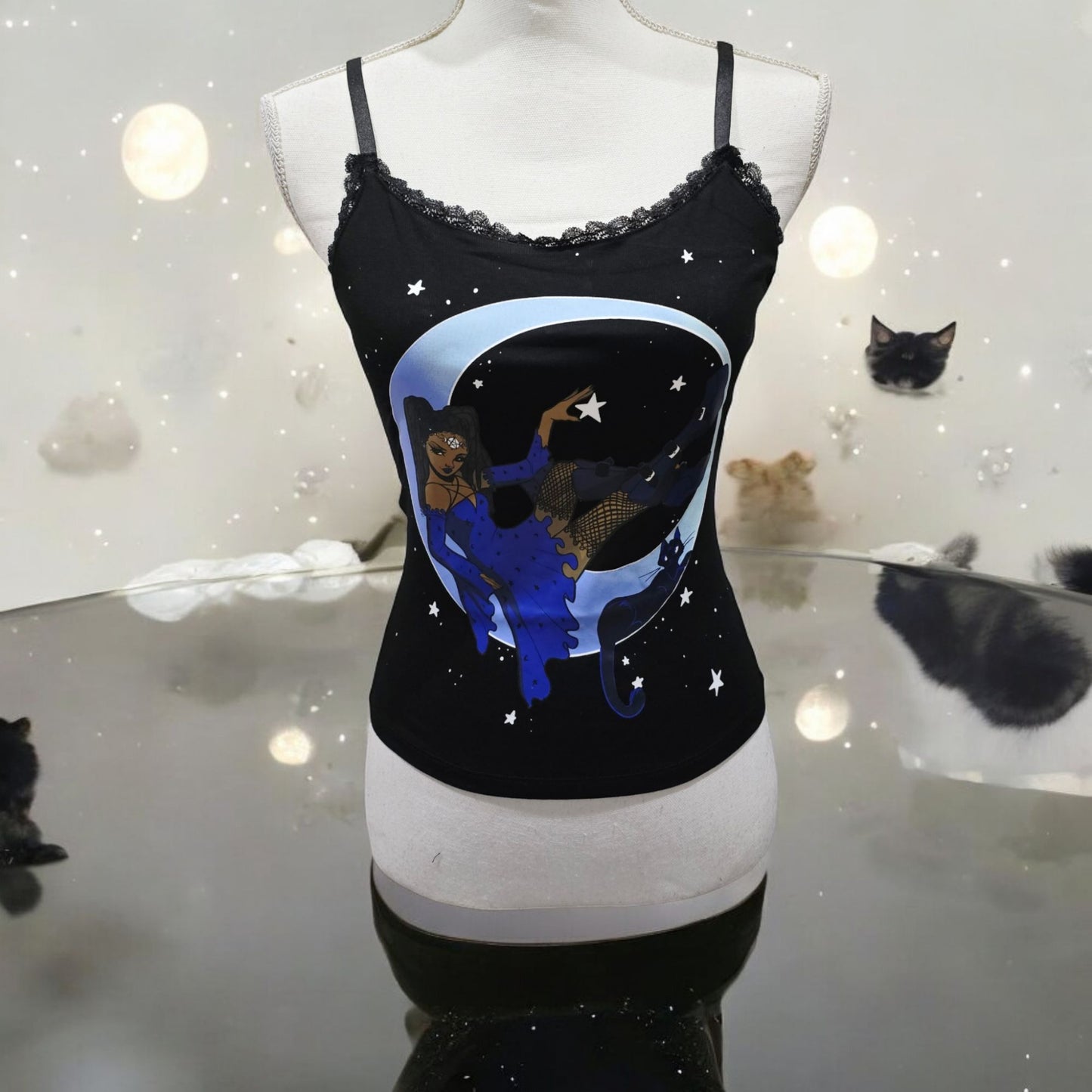 Black Spaghetti Strap Tank With Witch & Moon Design Lace Trim -  - Tops
