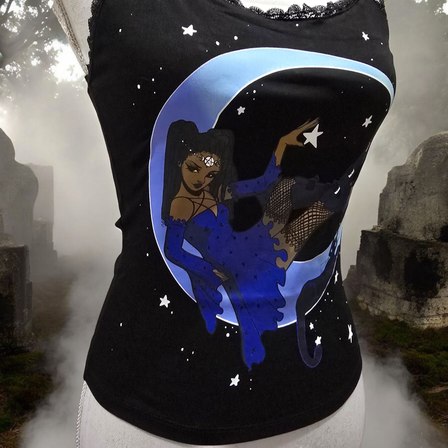 Black Spaghetti Strap Tank With Witch & Moon Design Lace Trim -  - Tops