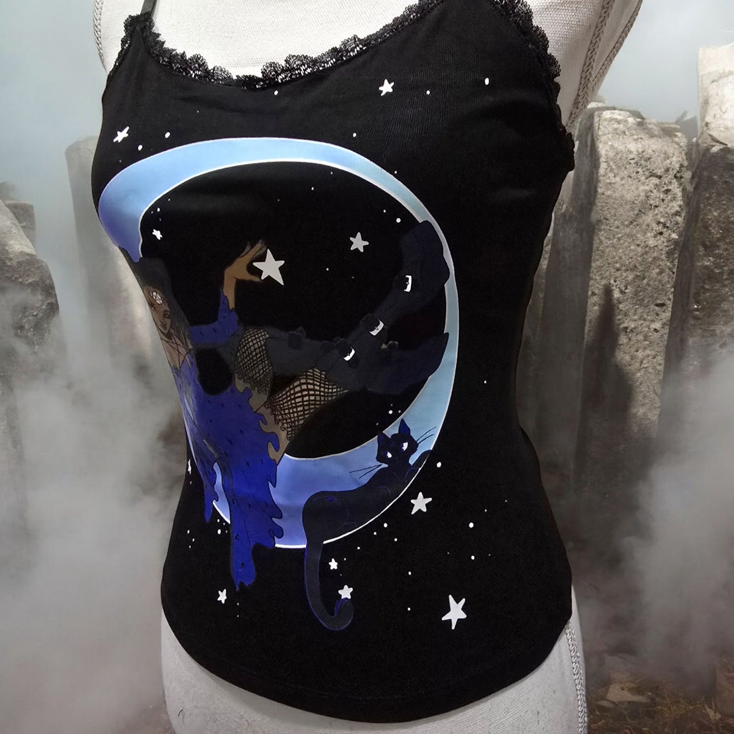 Black Spaghetti Strap Tank With Witch & Moon Design Lace Trim -  - Tops