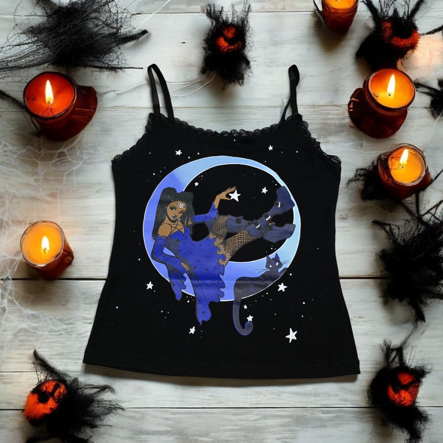 Black Spaghetti Strap Tank With Witch & Moon Design Lace Trim -  - Tops