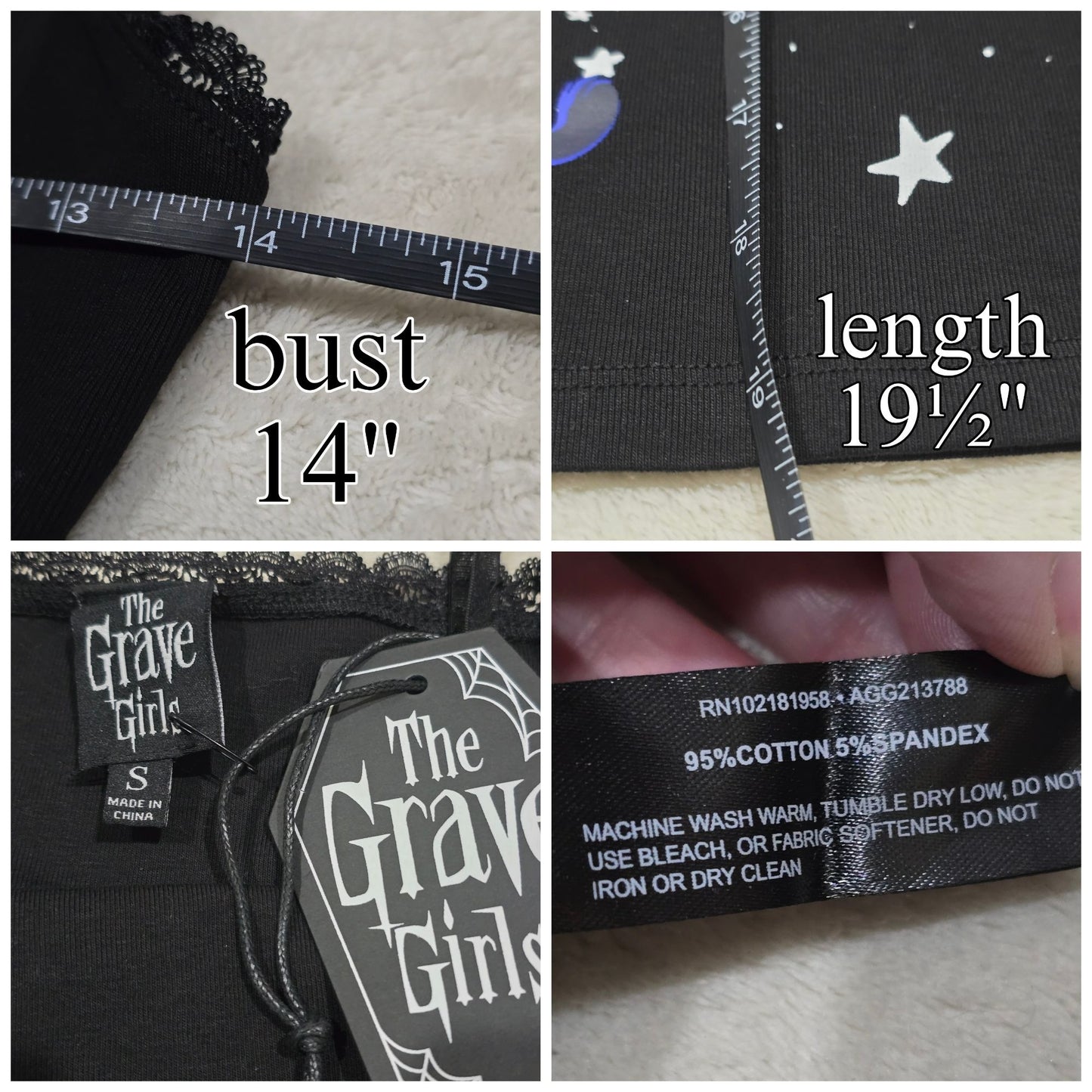 Black Spaghetti Strap Tank With Witch & Moon Design Lace Trim -  - Tops