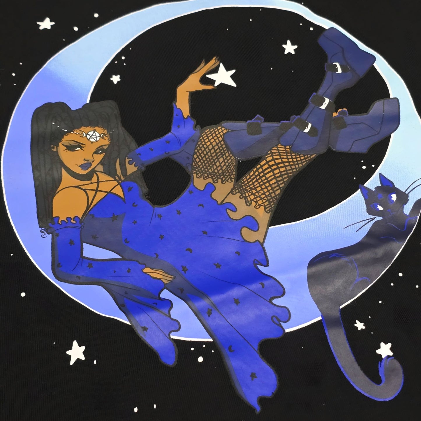 Black Spaghetti Strap Tank With Witch & Moon Design Lace Trim -  - Tops