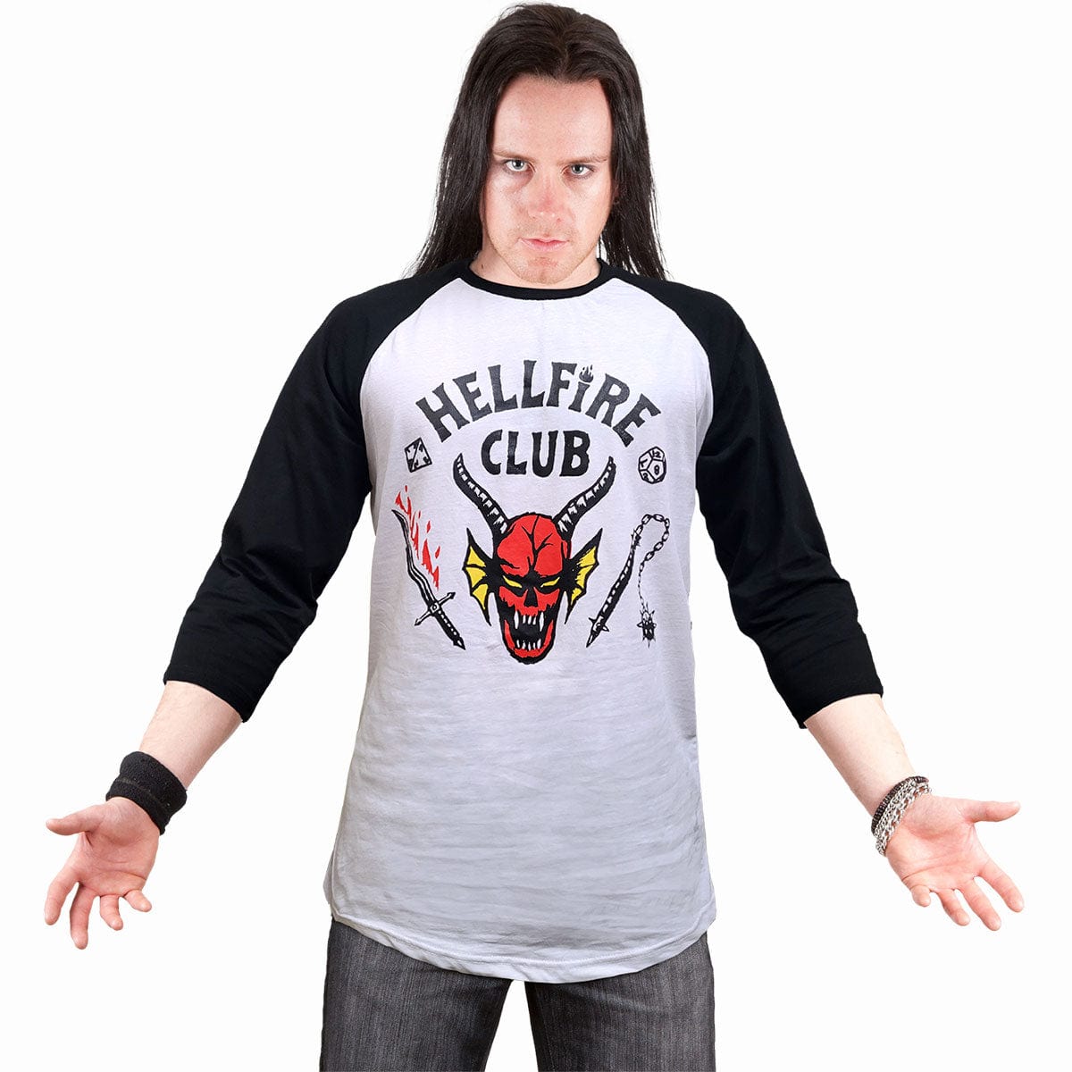STRANGER THINGS 4 - HELLFIRE CLUB CREST - Raglan Contrast 3/4 Longsleeve Black & White -  - T-Shirts - Long Sleeve