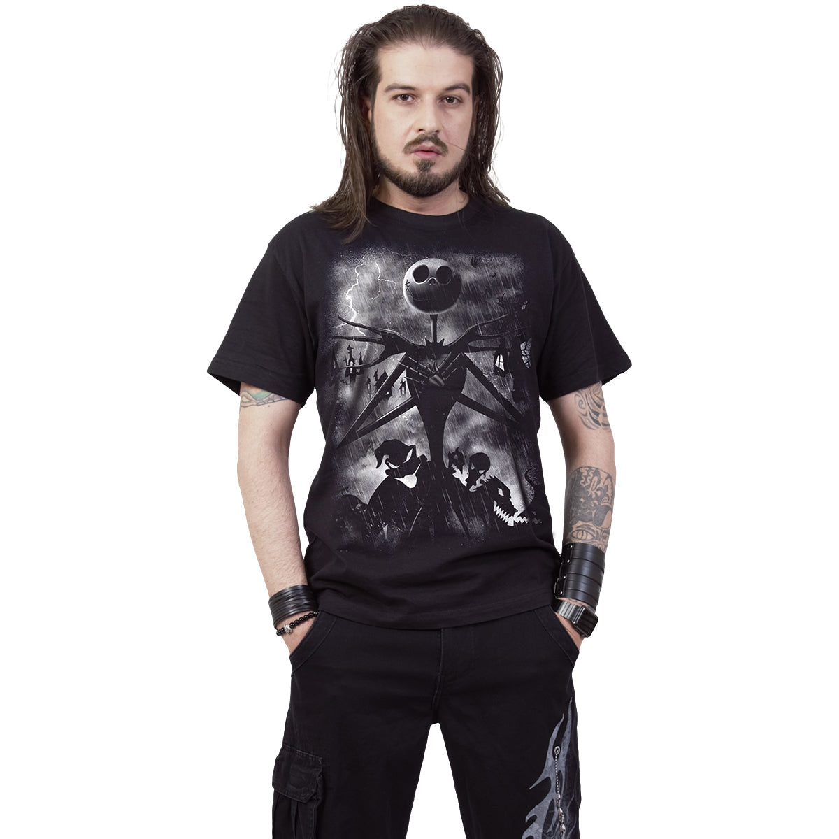 NIGHTMARE BEFORE CHRISTMAS - STORMY SKIES - Front Print T-Shirt Black - - T-Shirts