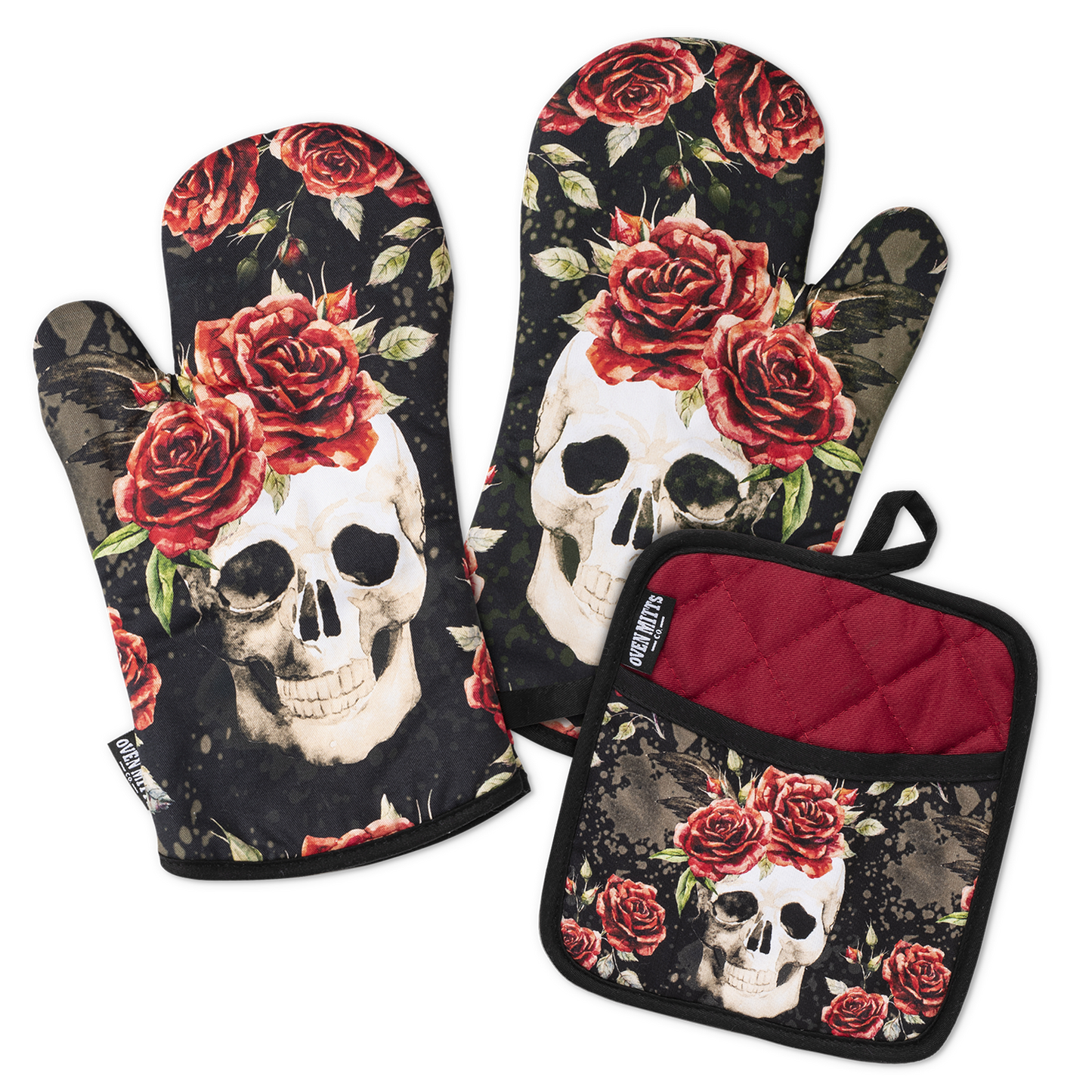 Skull Vintage Flower Oven Mitts And Potholder Set -  - Oven Mitts