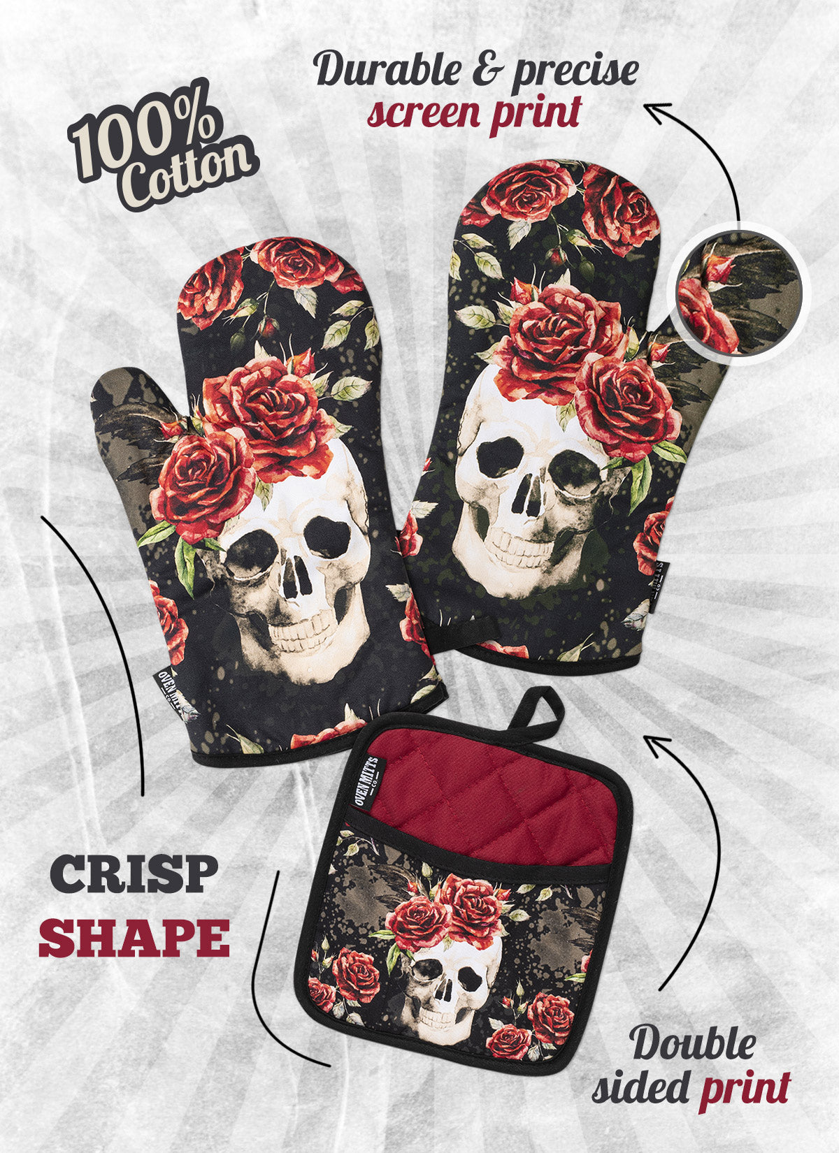 Skull Vintage Flower Oven Mitts And Potholder Set -  - Oven Mitts