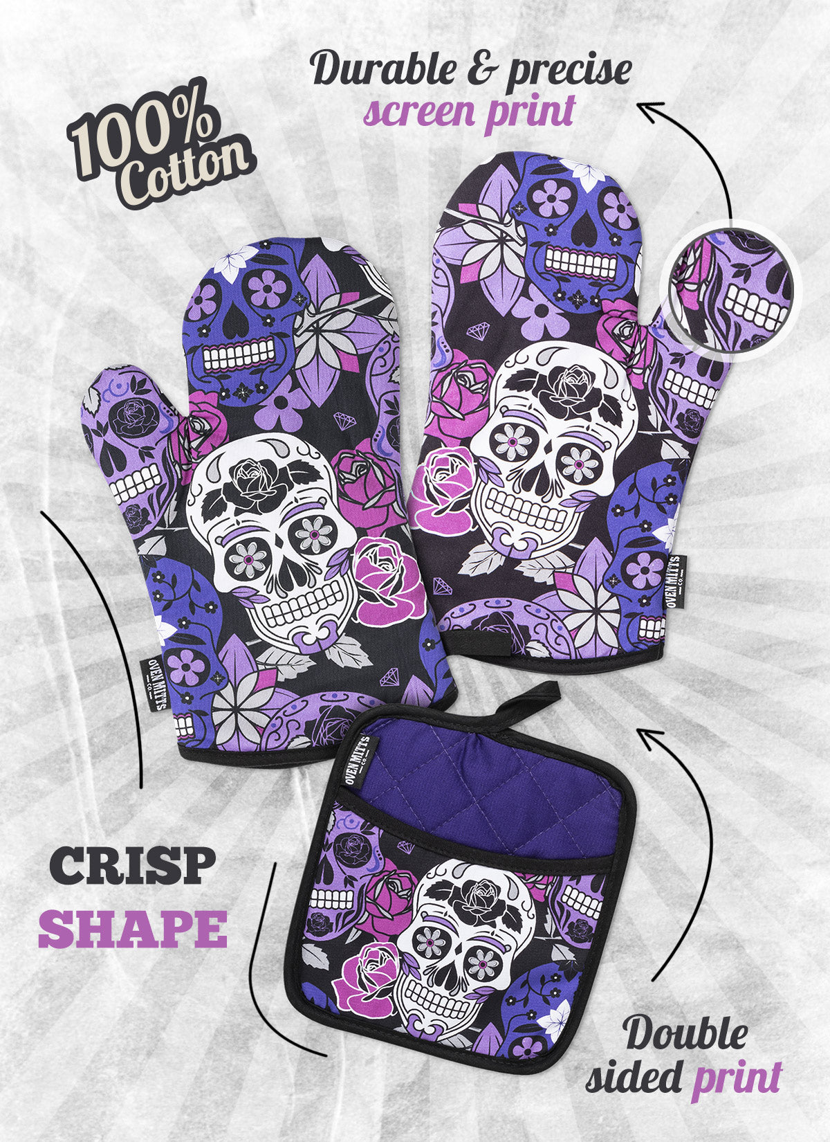 Sugar Skull Purple Oven Mitts And Potholder Set -  - Oven Mitts