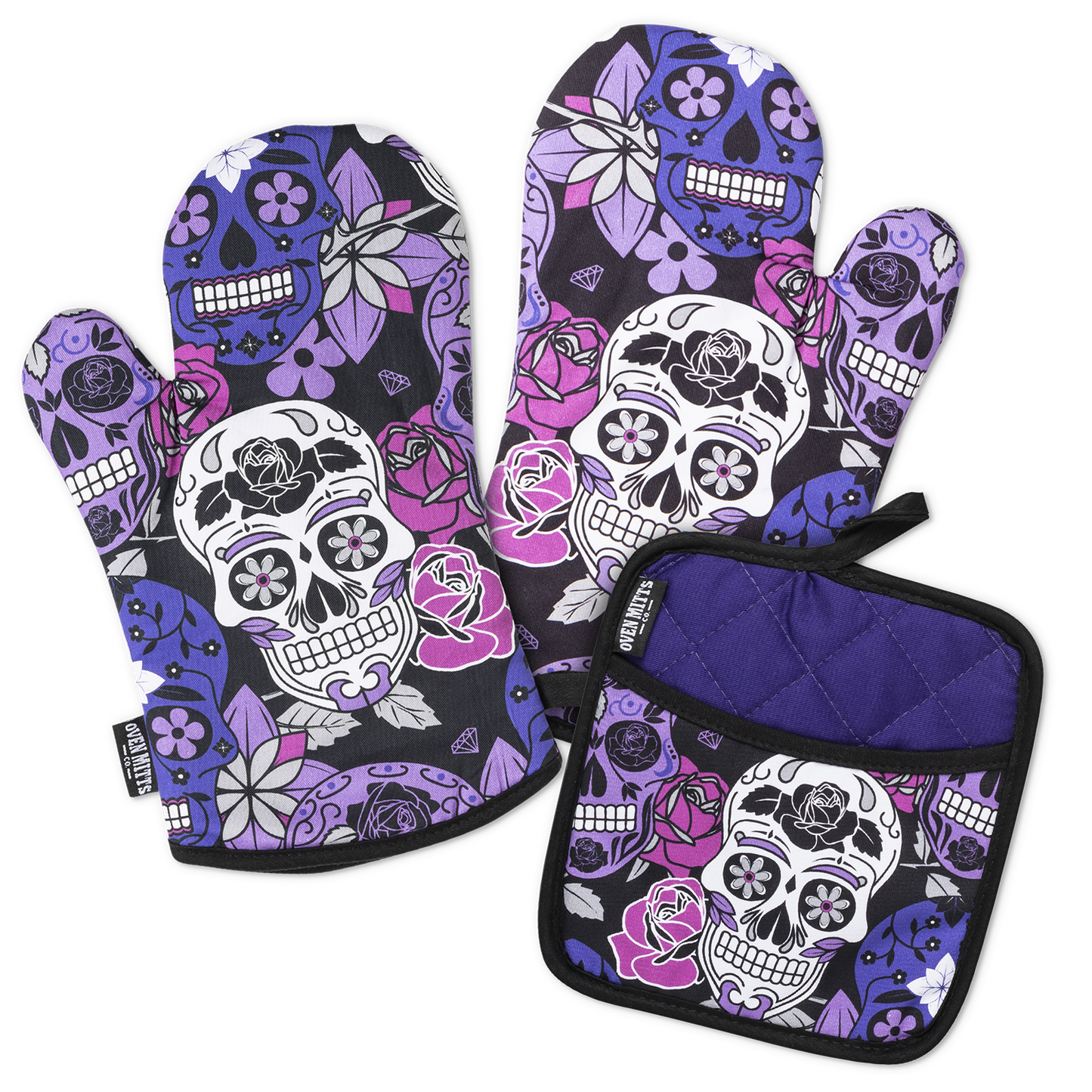 Sugar Skull Purple Oven Mitts And Potholder Set -  - Oven Mitts
