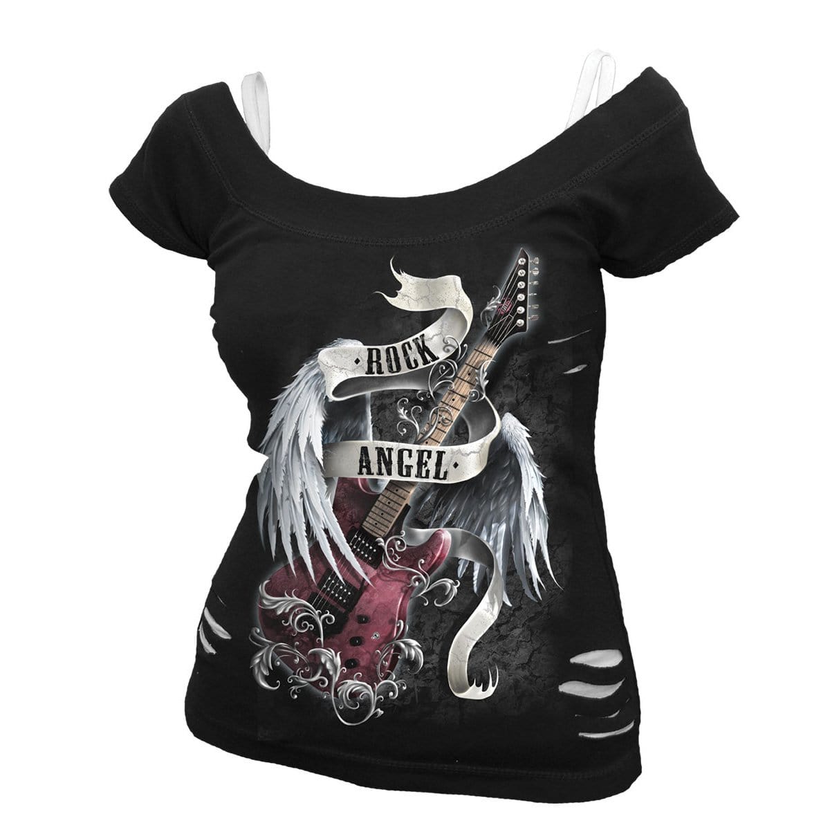 ROCK ANGEL - 2in1 White Ripped Top Black -  - Tops - Short Sleeve