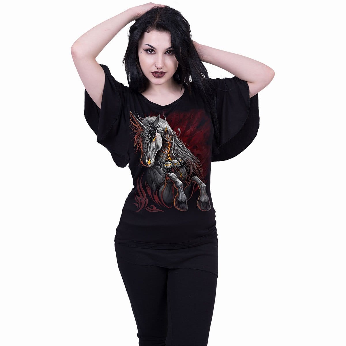 INFERNAL UNICORN - Boat Neck Bat Sleeve Top Black - - Tops - Short Sleeve