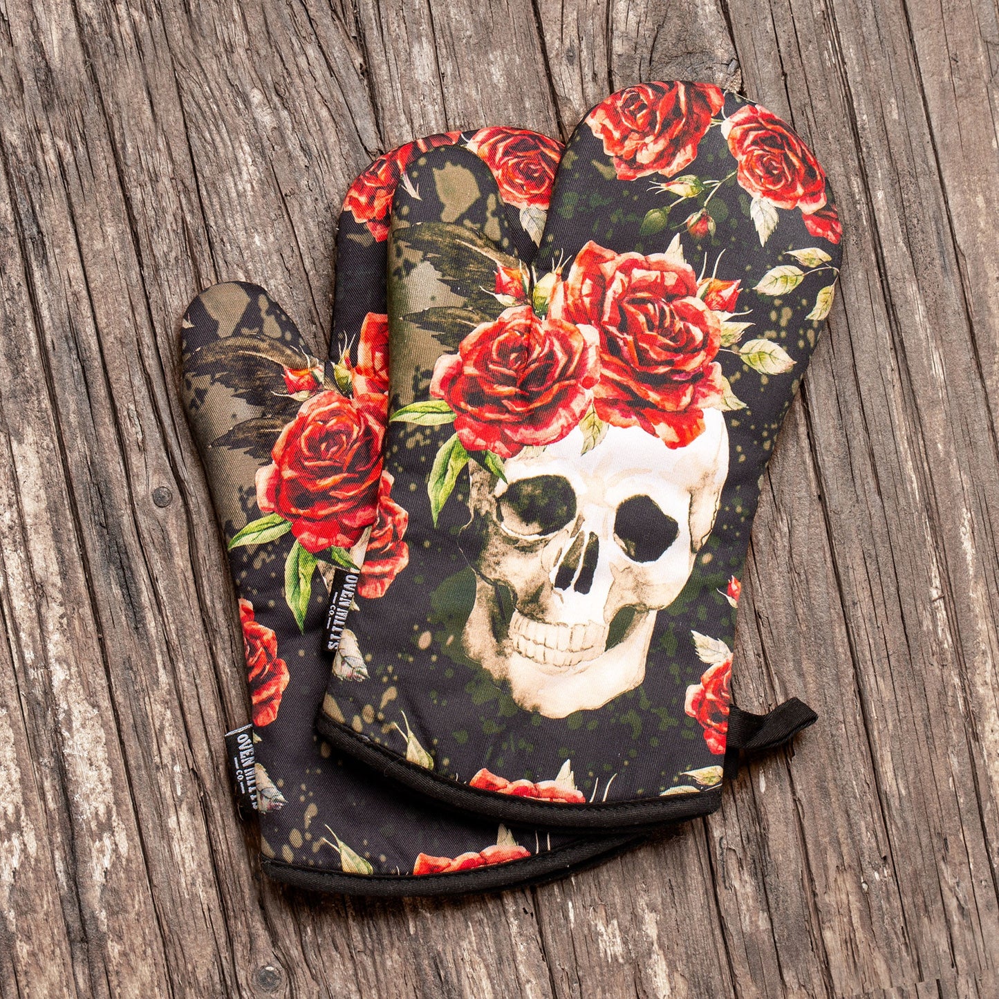 Skull Vintage Flower Oven Mitts And Potholder Set -  - Oven Mitts