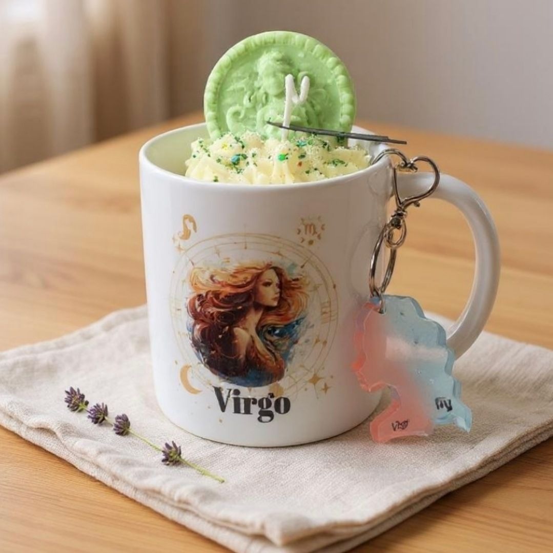 Virgo Zodiac Candle Gift Set – 11oz Mug Candle + Resin Keychain Handmade