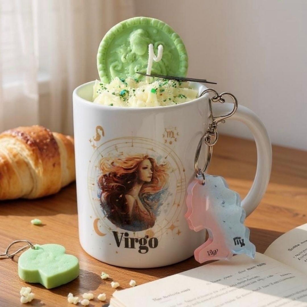 Virgo Zodiac Candle Gift Set – 11oz Mug Candle + Resin Keychain Handmade