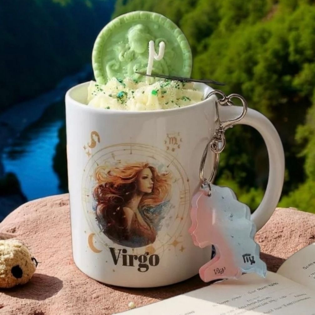 Virgo Zodiac Candle Gift Set – 11oz Mug Candle + Resin Keychain Handmade
