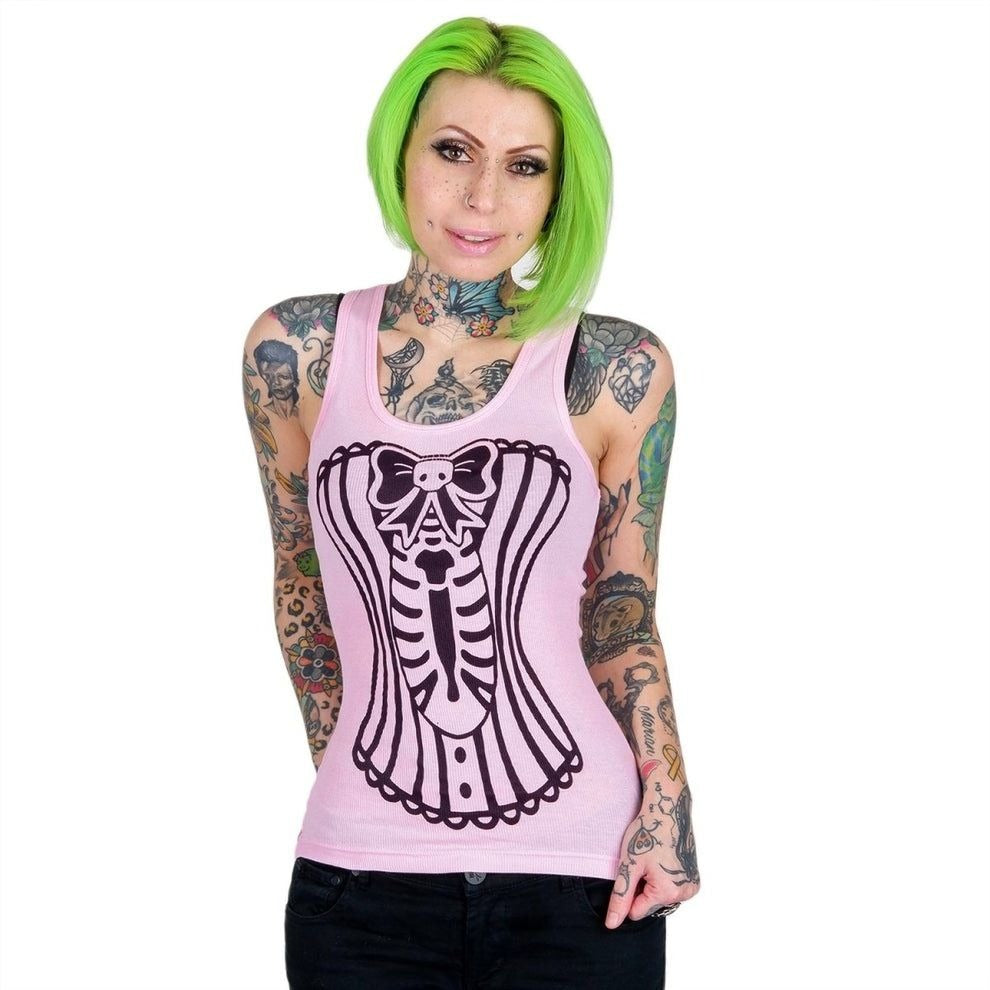 Skeleton Corset Pink Racerback Tank Top S - - Tank Tops