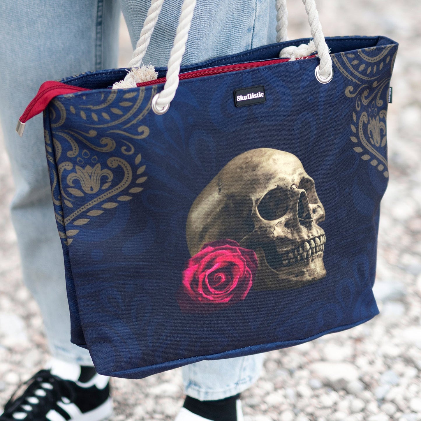 Rose Skull Navy Shoulder Beach Bag -  - Tote Bags
