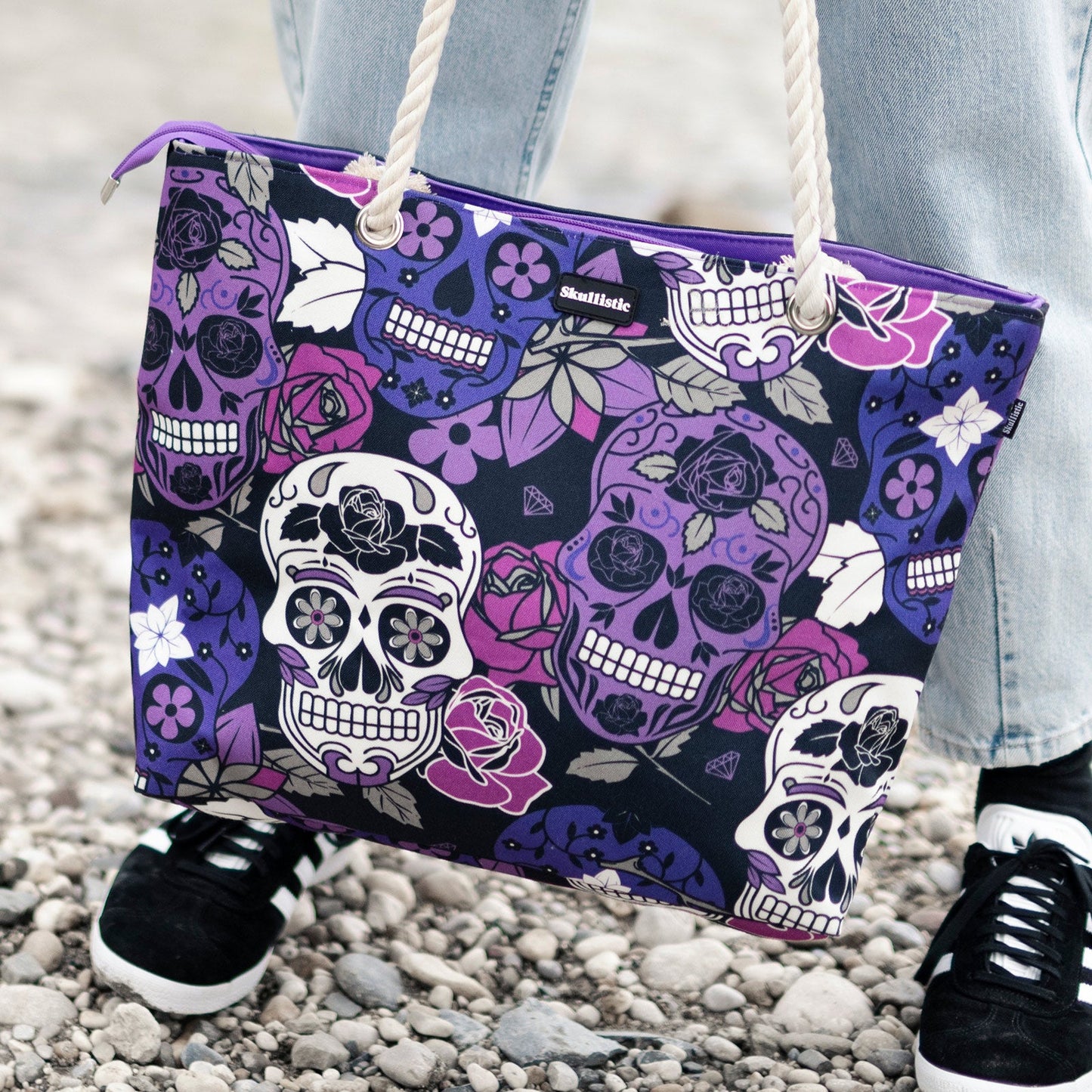Sugar Skull Purple Shoulder Beach Bag - - Tote Bags