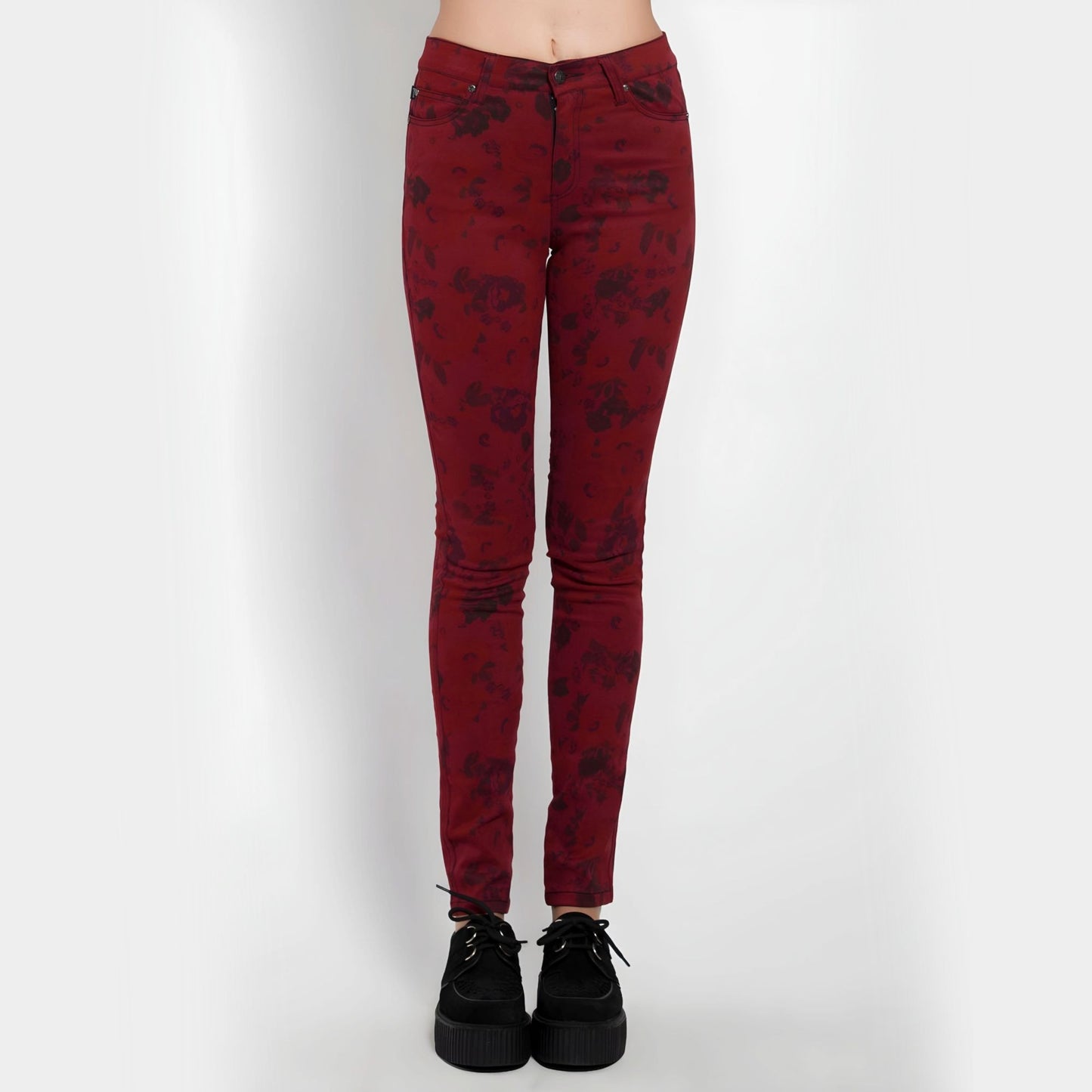 Wine Red High Waisted Skinny Jeans With Floral Print -  - Jeans