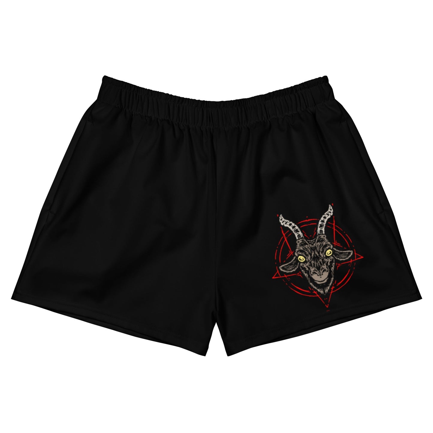 Black shorts with a goat head design on a white background