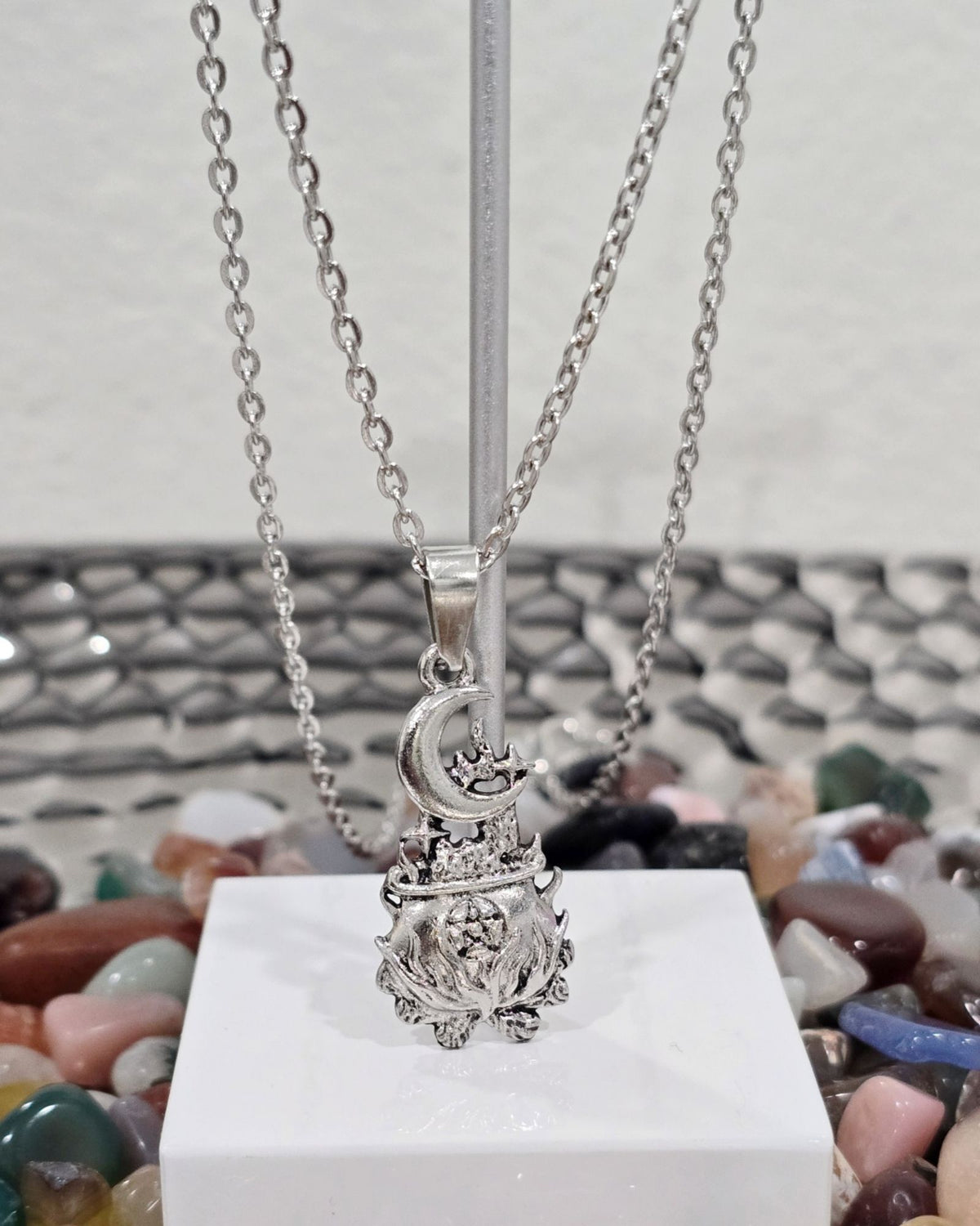 Witch Cauldron Pentagram Necklace Moon Star Stainless Steel Witchy Pendant 16"