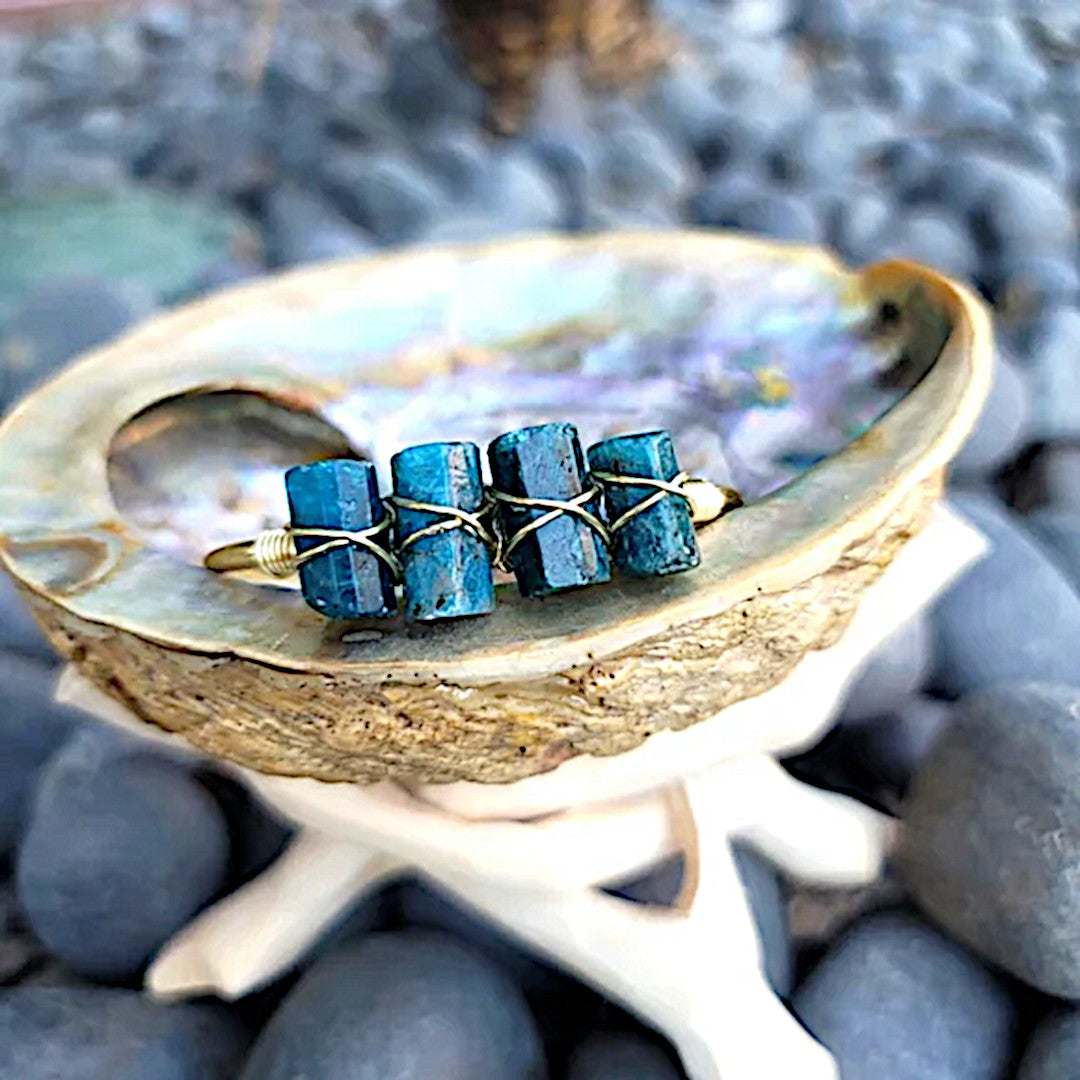 Blue Apatite Gold Cuff Bracelet | Astral Travel & Mood Enhancement - A Gothic Universe - Bracelets