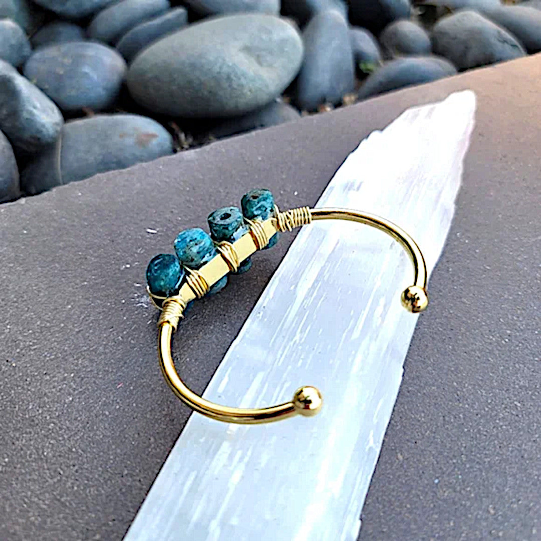 Blue Apatite Gold Cuff Bracelet | Astral Travel & Mood Enhancement - A Gothic Universe - Bracelets