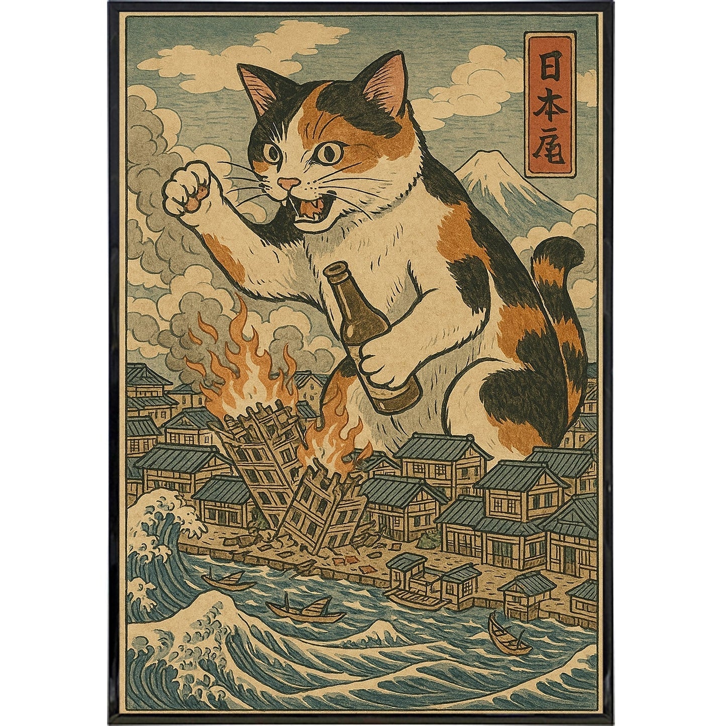 Cat Destroying City Ukiyo-E Original Poster Print -  - Print