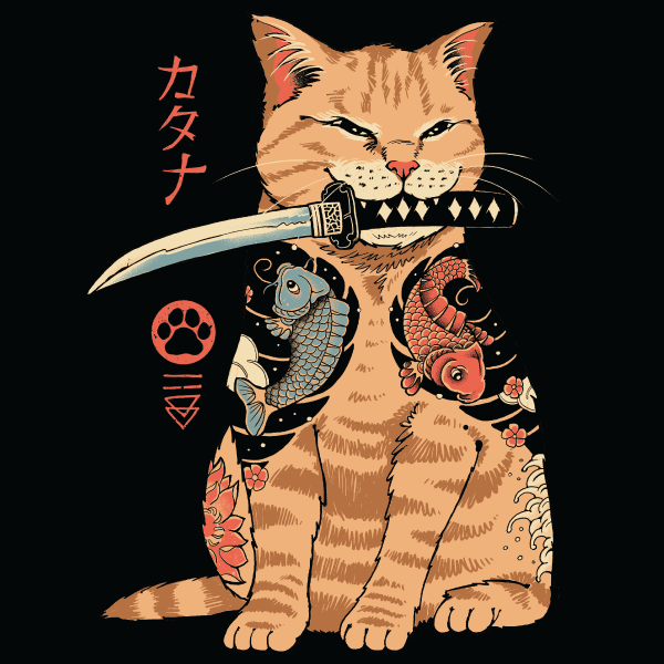 Catana Samurai Cat T-Shirt - Japanese Warrior Feline Tee - Alternative Anime Fashion