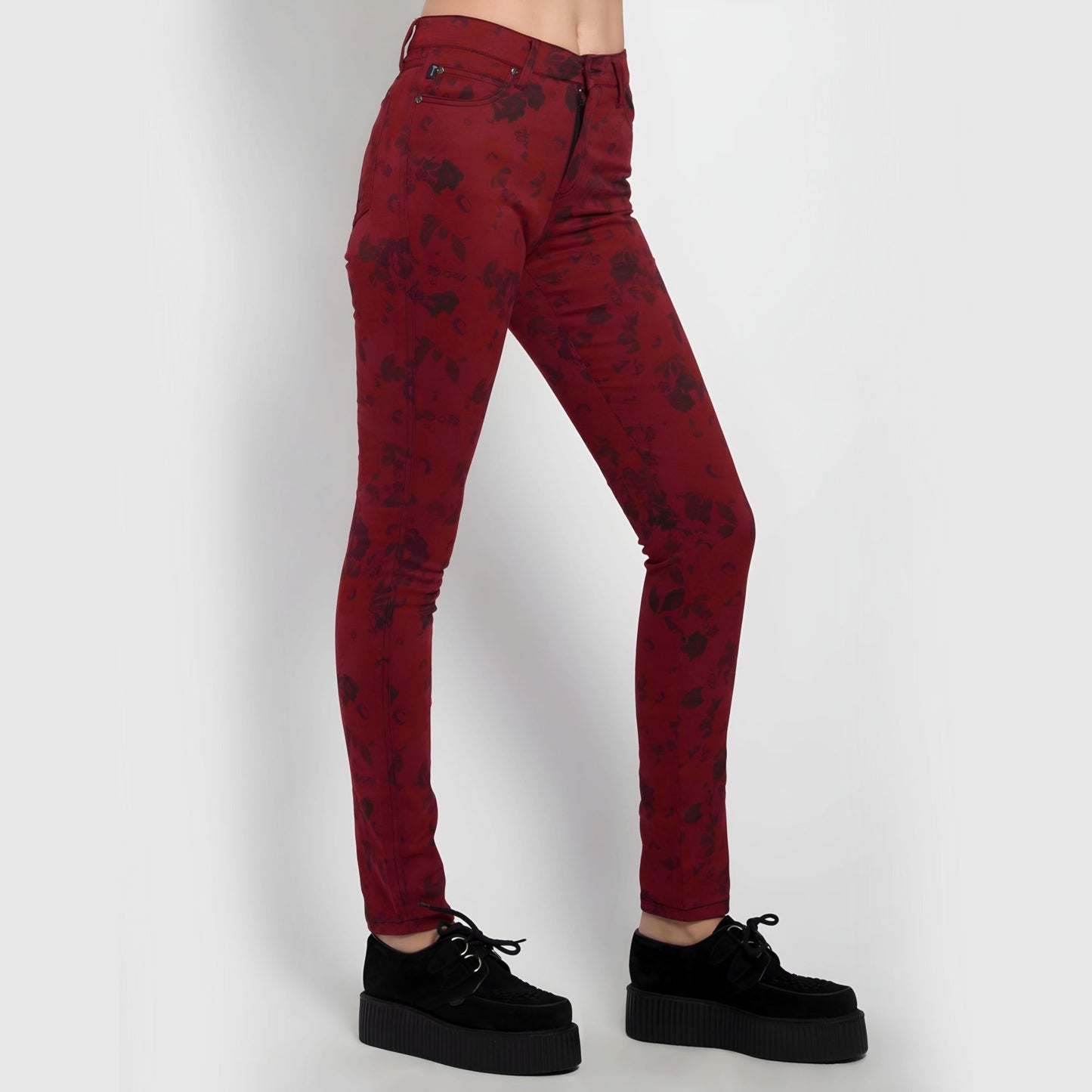 Wine Red High Waisted Skinny Jeans With Floral Print -  - Jeans
