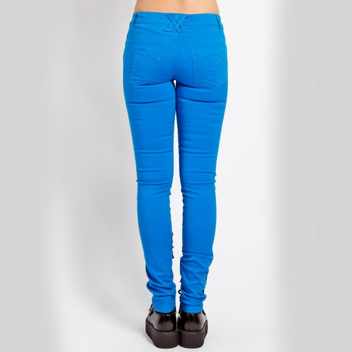 Distressed Patch Blue Skinny Jeans With Ankle Zips - Tripp NYC - Jeans
