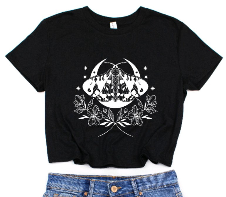 Moth Moon Cropped T-Shirt - Gothic Crop Top - Witchy Fashion Tee