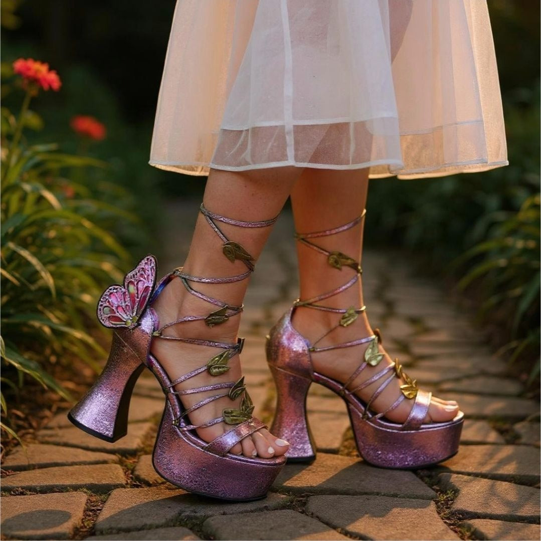 Pixie Queen Butterfly Platform Heels – Glitter Ombre Lace-Up Sandal