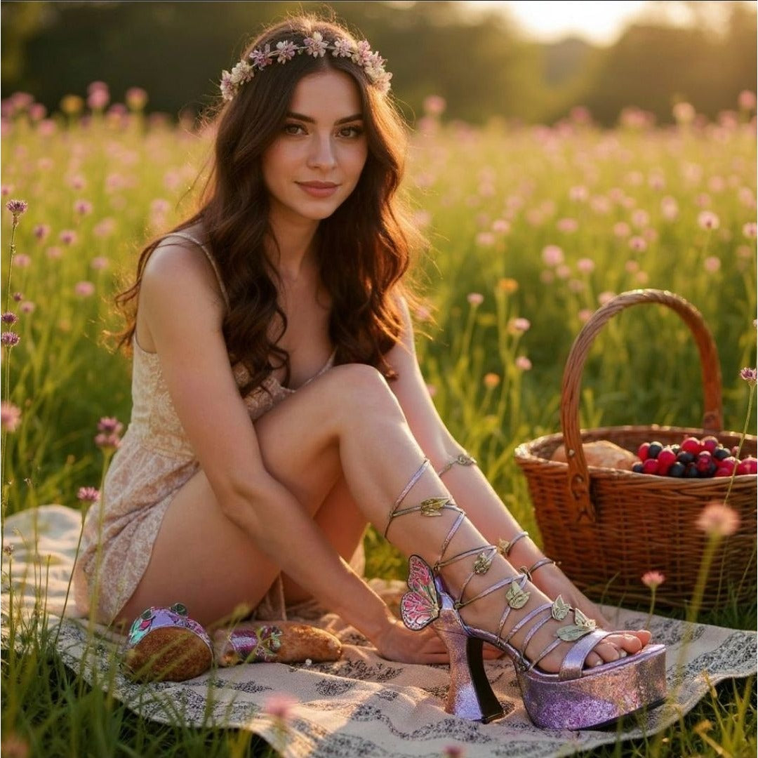 Pixie Queen Butterfly Platform Heels – Glitter Ombre Lace-Up Sandal