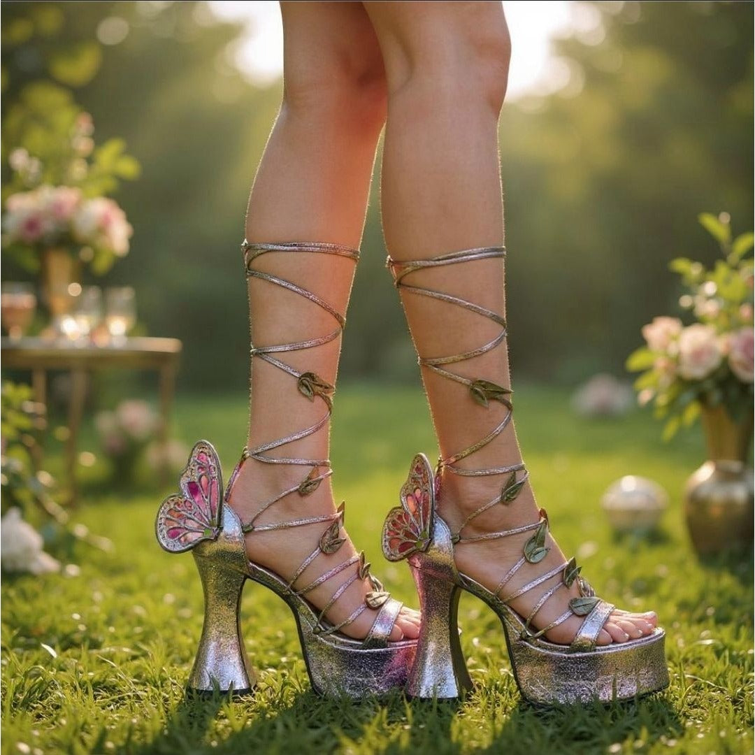 Pixie Queen Butterfly Platform Heels – Glitter Ombre Lace-Up Sandal