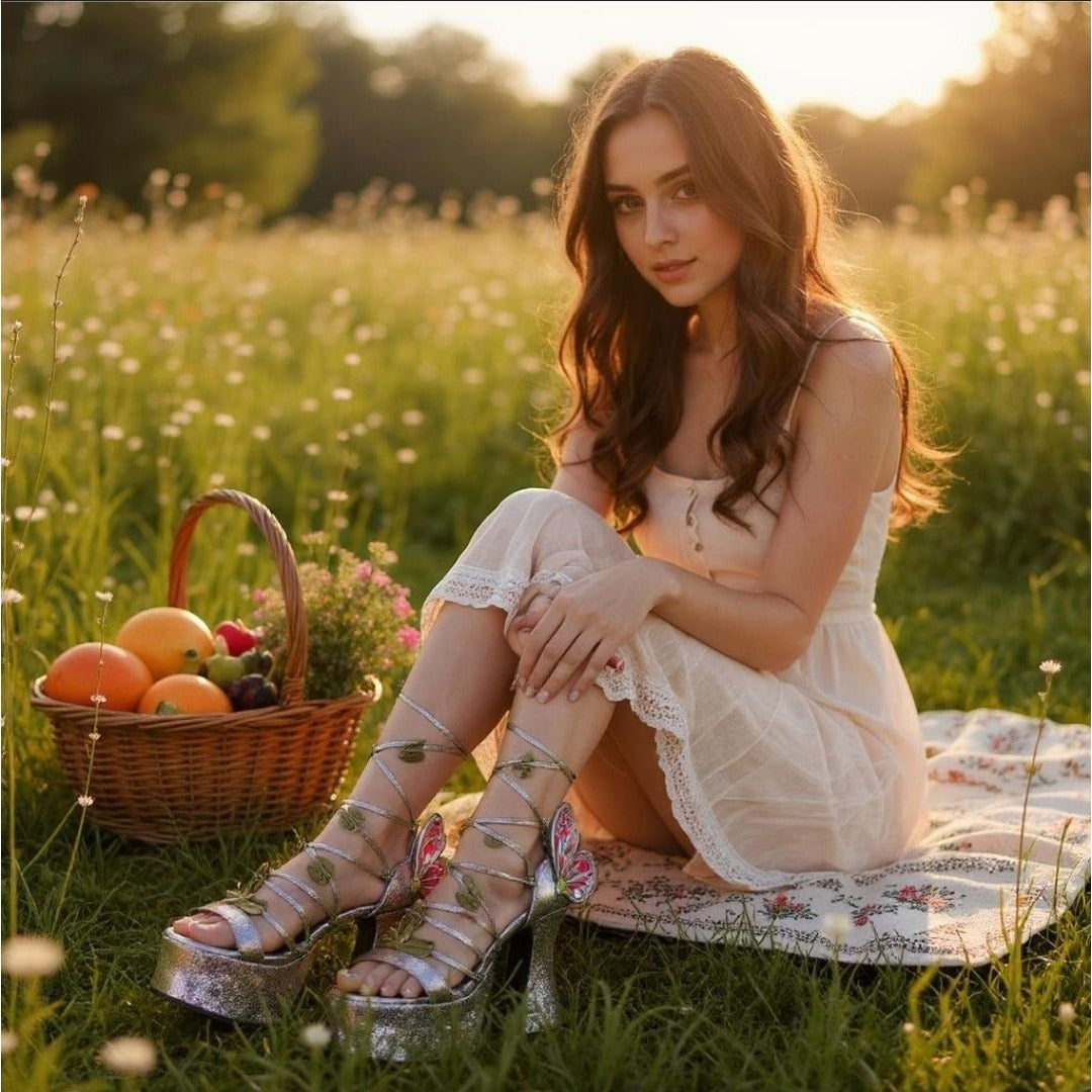 Pixie Queen Butterfly Platform Heels – Glitter Ombre Lace-Up Sandal