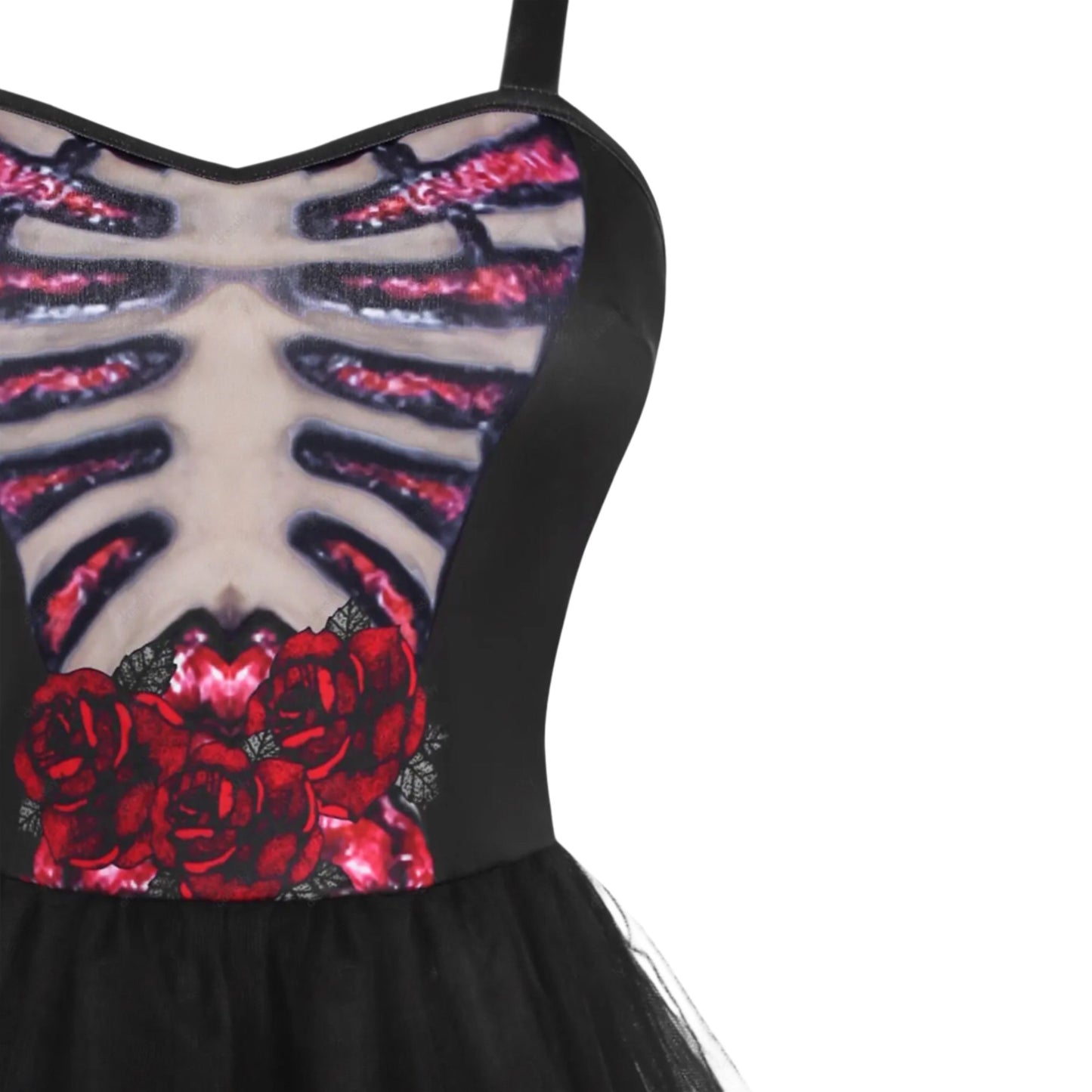 Black Skeleton Flower Tulle Overlay Tutu Dress - A Gothic Universe - Dresses