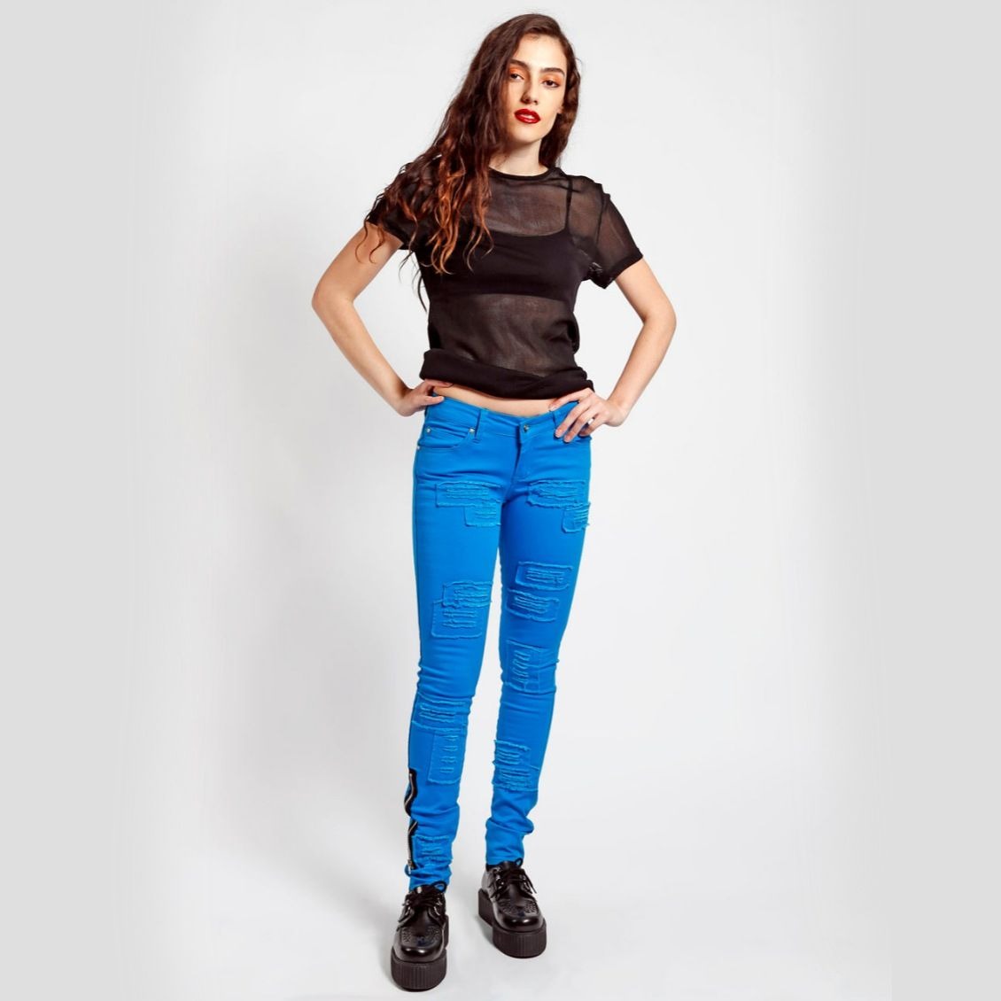 Distressed Patch Blue Skinny Jeans With Ankle Zips - Tripp NYC - Jeans