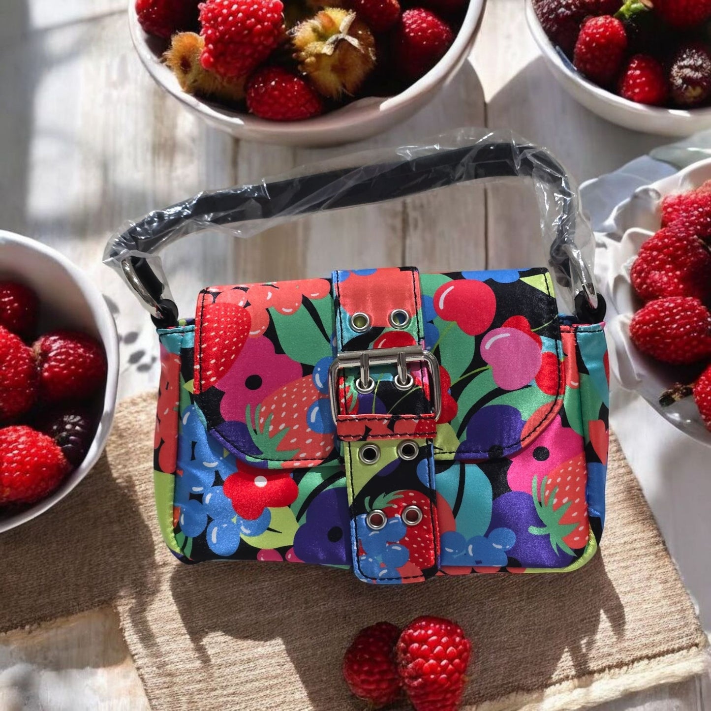 Fruit Print Shoulder Bag With Silver Buckle & Strap Closure -  - Shoulder Bags