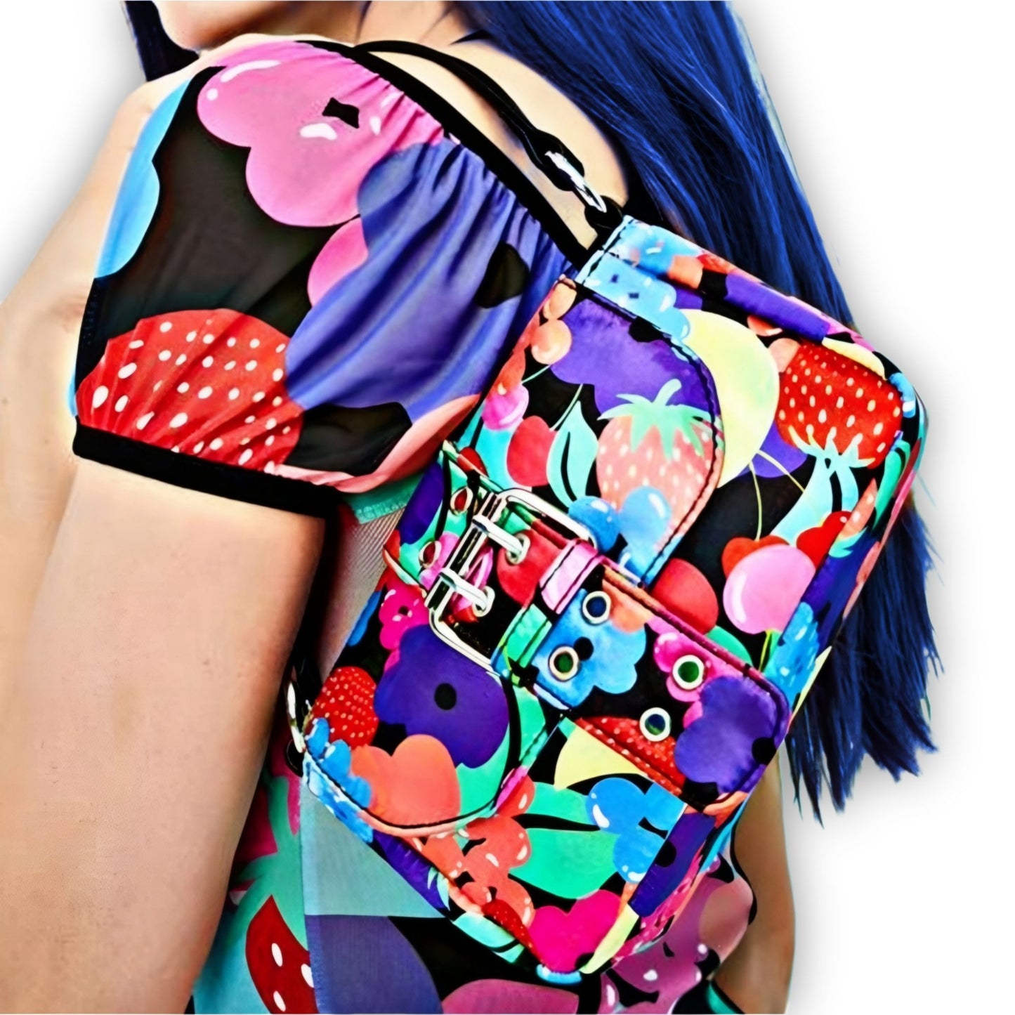 Fruit Print Shoulder Bag With Silver Buckle & Strap Closure -  - Shoulder Bags