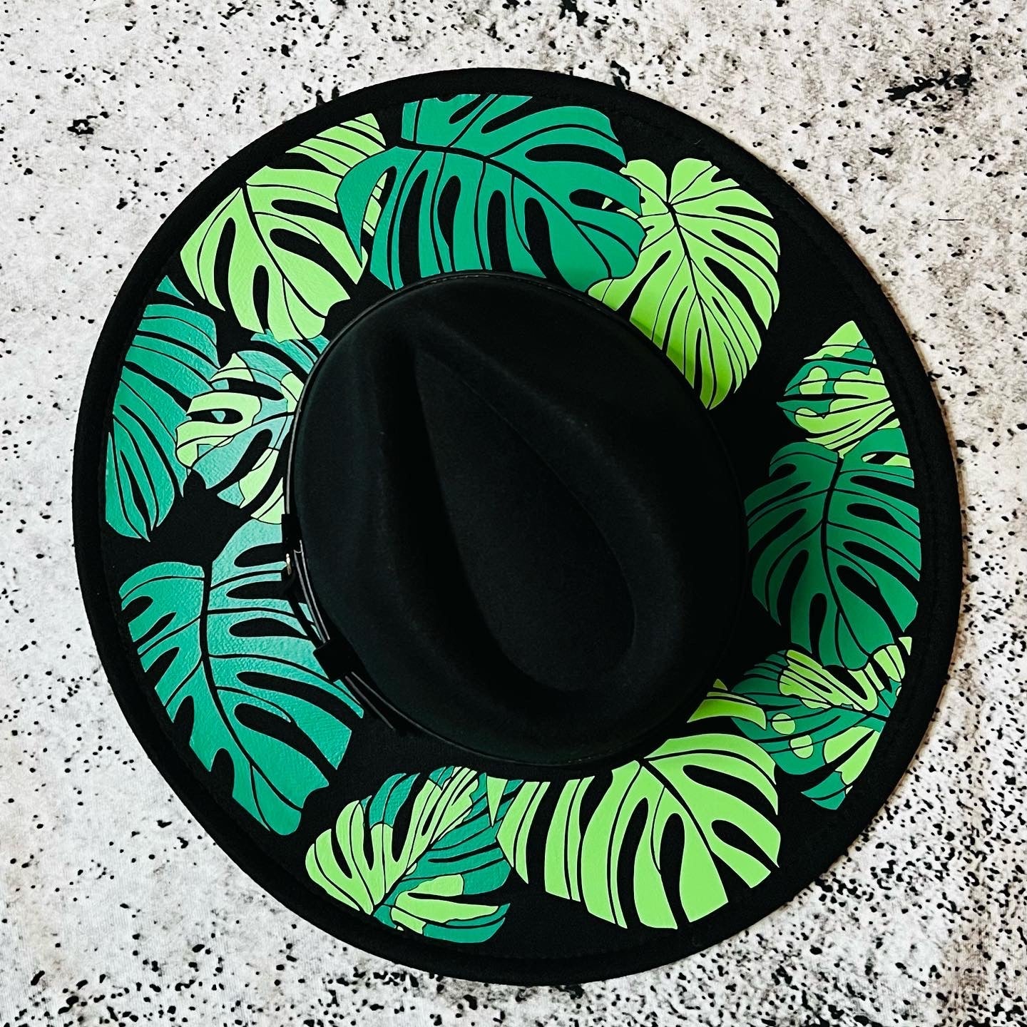 Vegan Felt Wide Brim Hat - XL Brim - "Monstera" - -