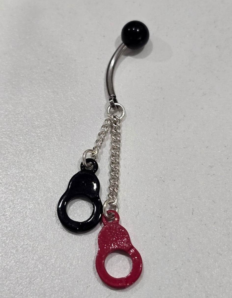 Painful Pleasures Black & Red Handcuff Dangle Navel Ring in 14G Surgical Steel