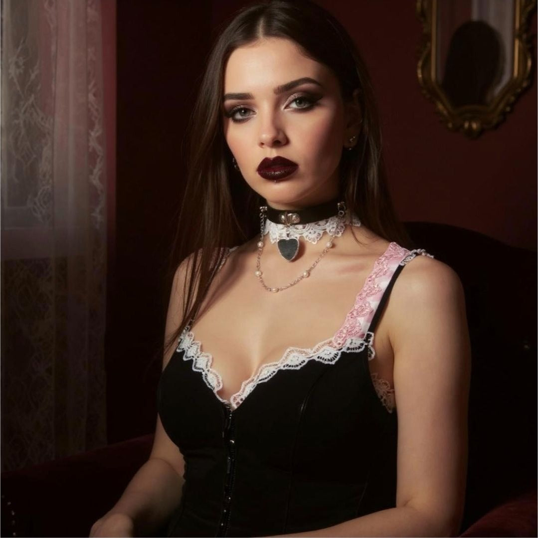 NEW Dolls Kill | Onyx Polished Hearts Lace Choker W/ Vegan Leather & Pearl Chain