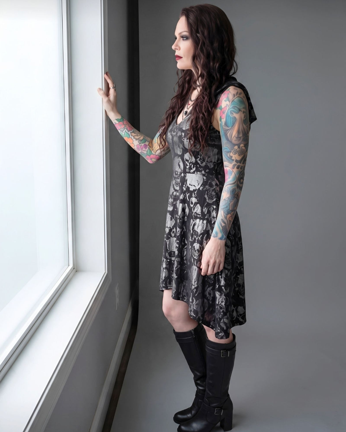 Killstar Chaos Metallic Skull Hooded Cut Out Asymmetric Tunic Dress Small