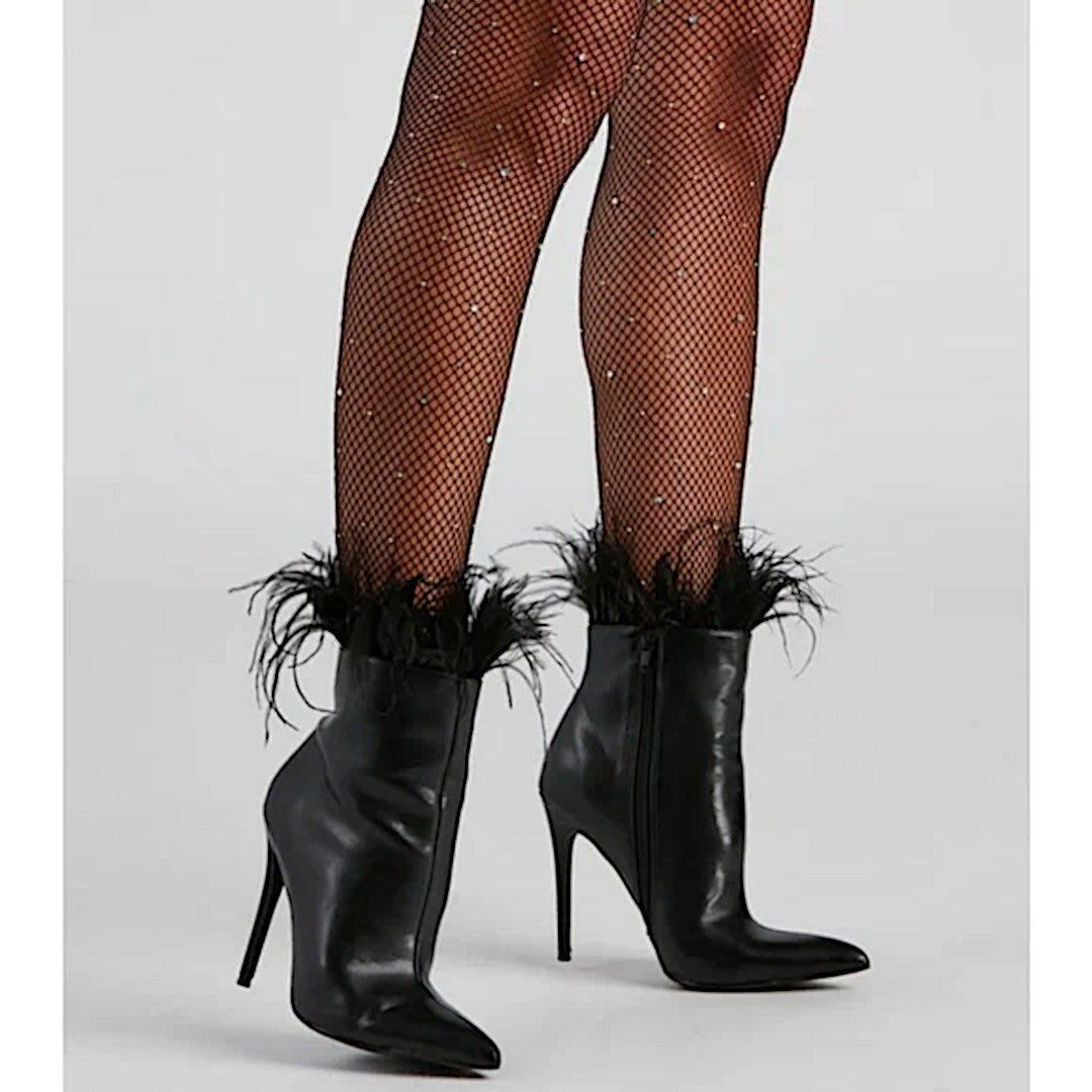 Midnight Black Stiletto Booties | Marabou Feather Trim Ankle Point Toe Booties - Windsor - Shoes