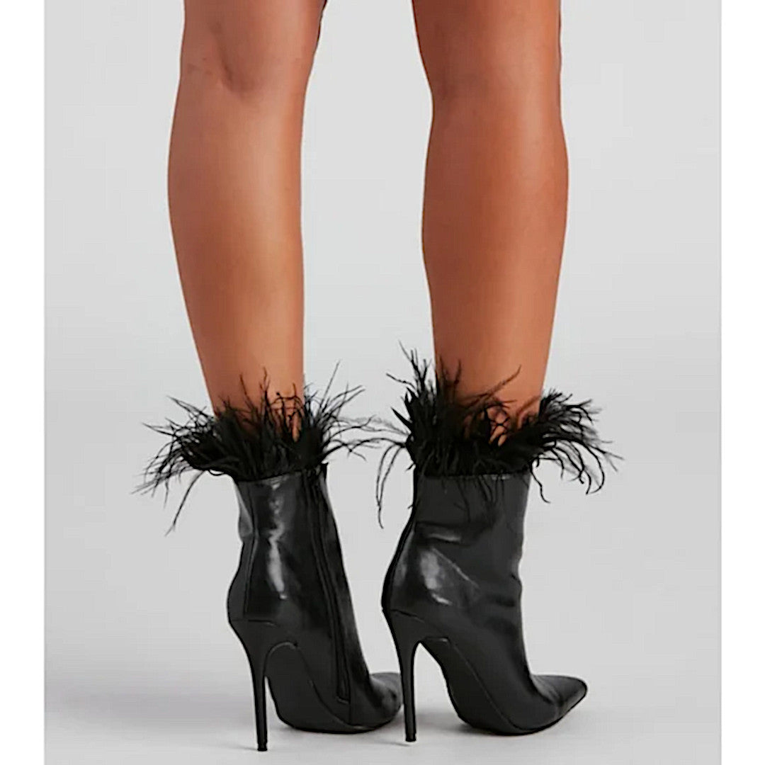 Midnight Black Stiletto Booties | Marabou Feather Trim Ankle Point Toe Booties - Windsor - Shoes